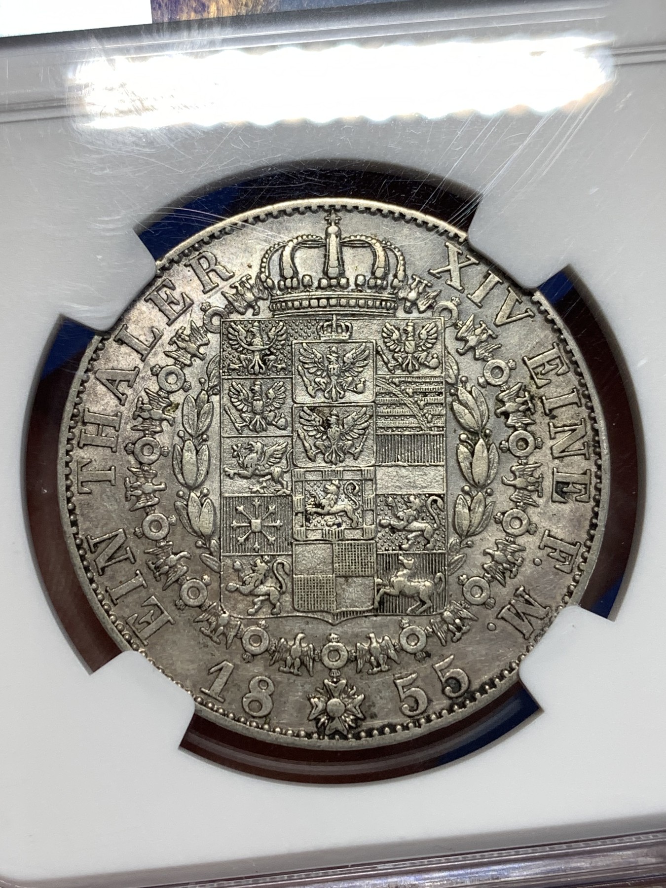 《竞宝斋》第257场-周日，周一 2场连拍 (全场包邮) NGC AU53德国1855年威廉四世洋葱头1泰勒银币 少见早期大版 带底光 细节保存挺好 严评