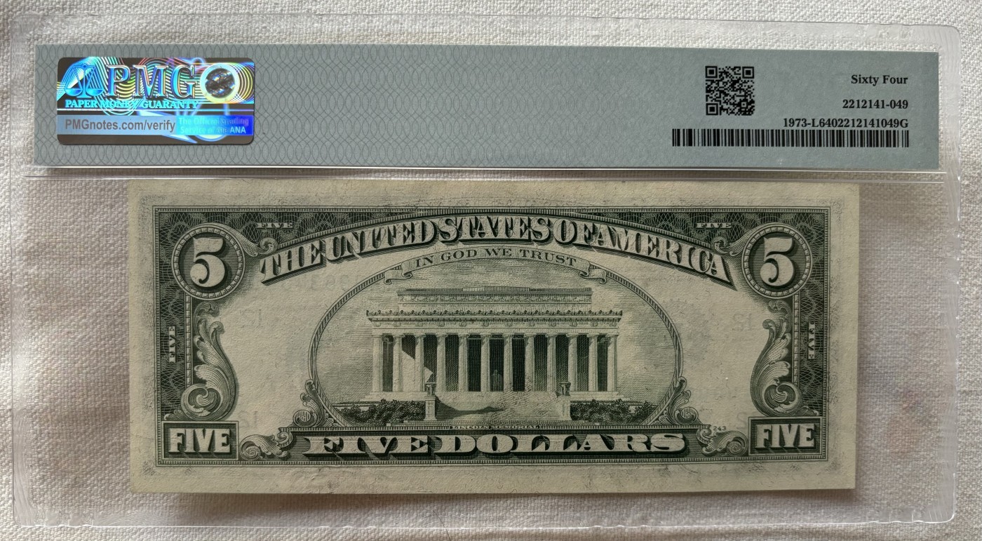 Chase Auction 第27期 - - 外钞、民国钞和人民币混合场！ 1974版 5美元 联邦储备券 PMG严格评级 64