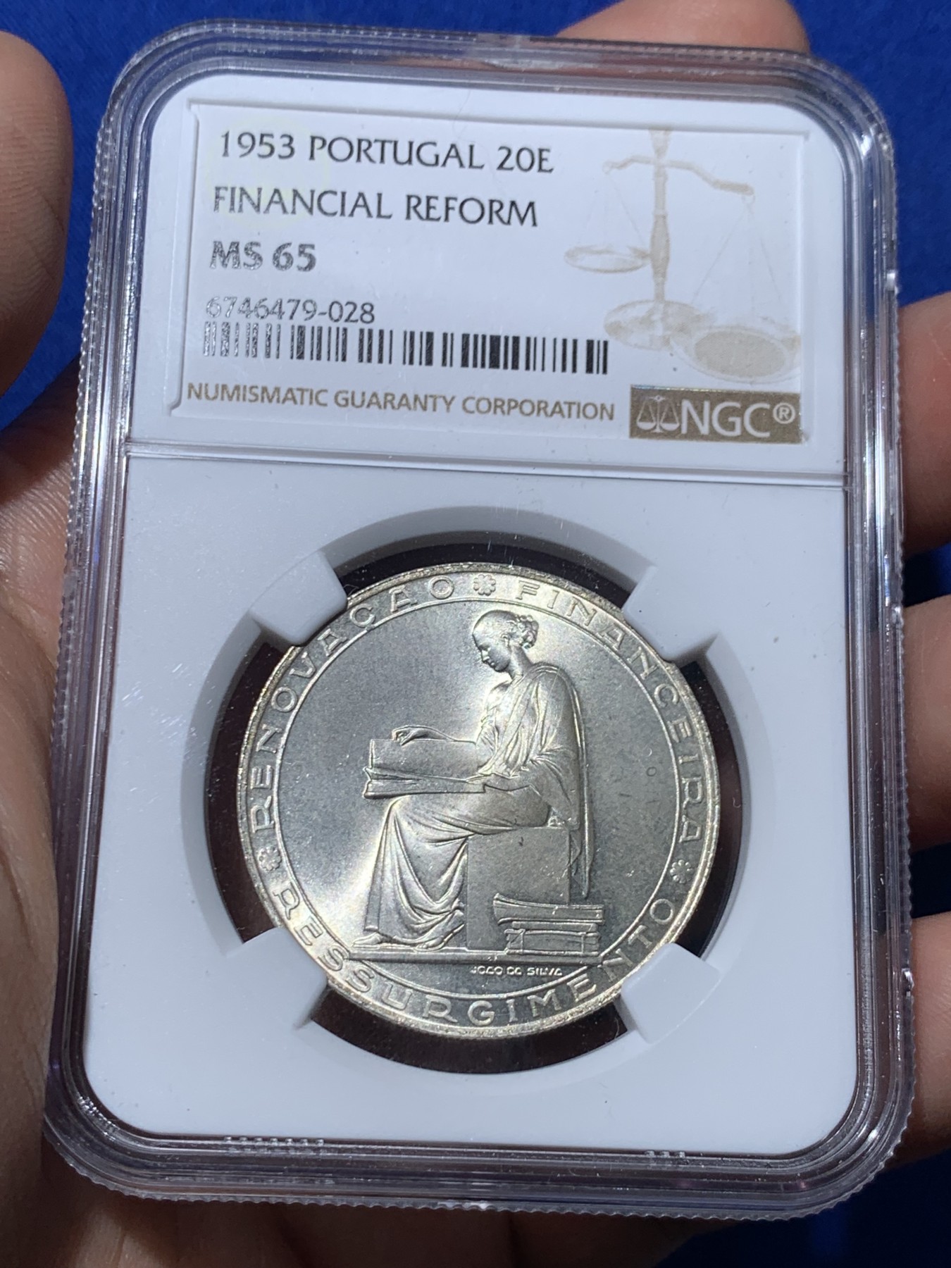 《竞宝斋》第257场-周日，周一 2场连拍 (全场包邮) NGC MS65 葡萄牙1953年金融改革制度25周年20埃斯库多银币
