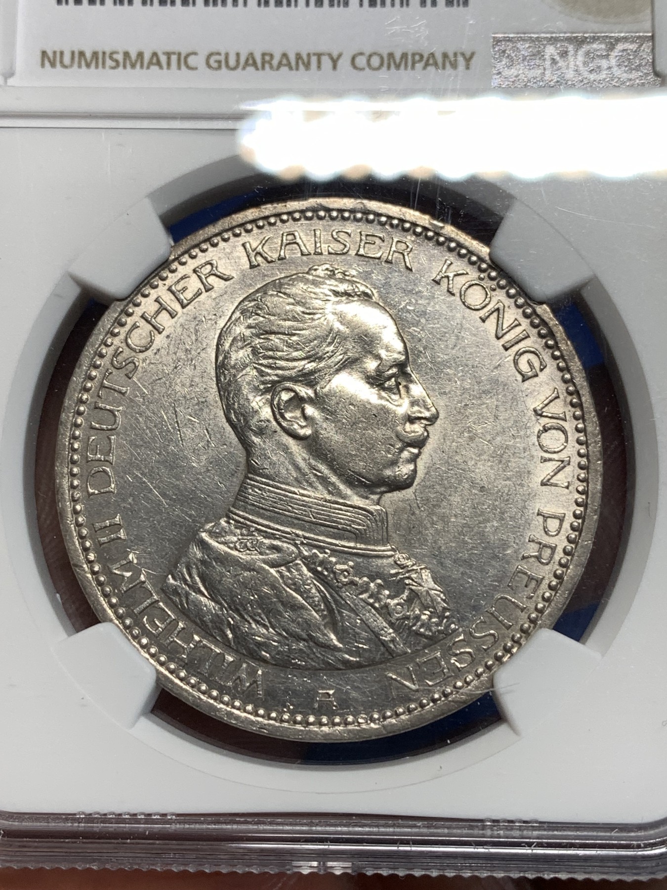 《竞宝斋》第257场-周日，周一 2场连拍 (全场包邮) NGC AU55 德国1914年普鲁士威二戎装版5马克银币