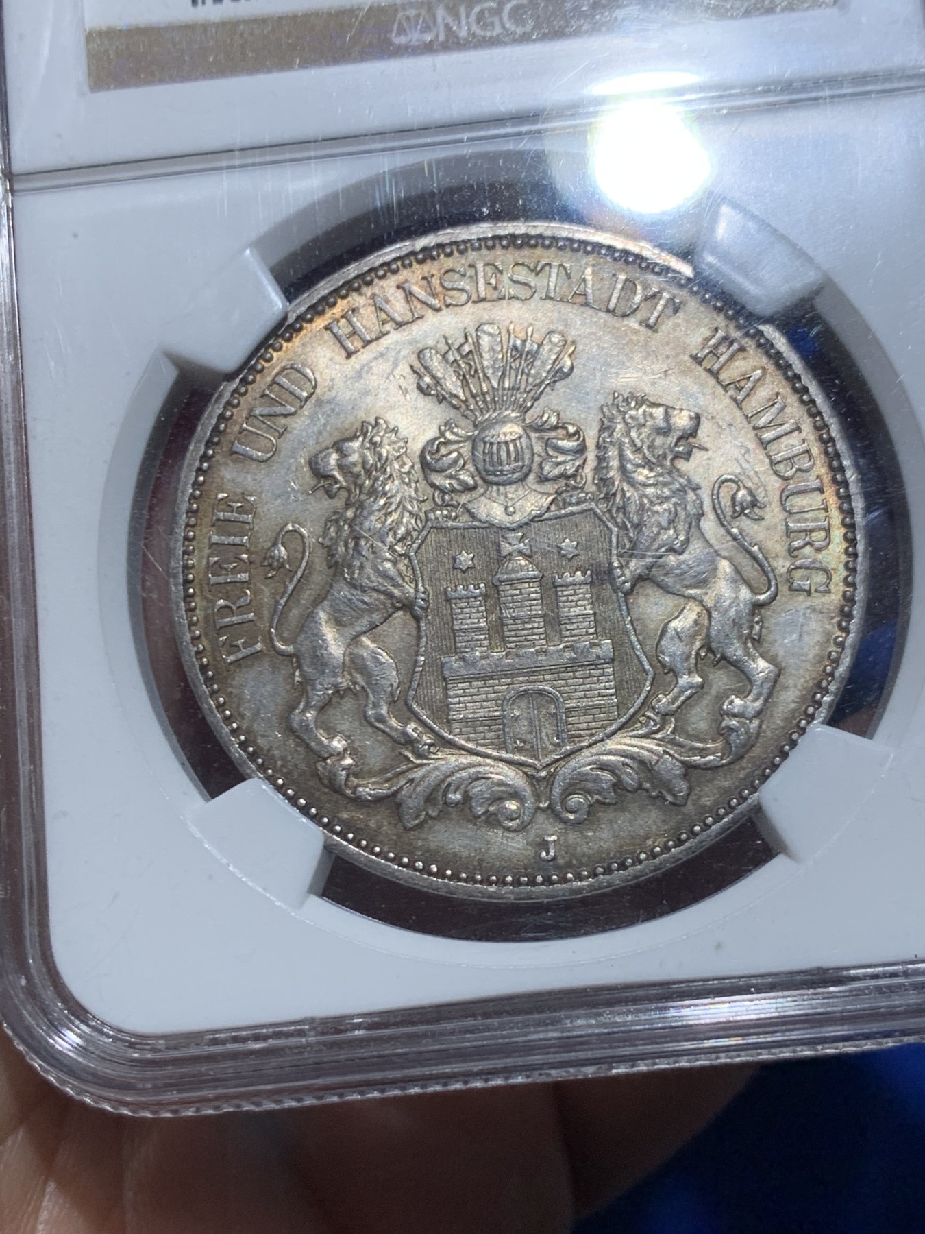 《竞宝斋》第257场-周日，周一 2场连拍 (全场包邮) NGC MS63 德国1913年汉堡5马克 油画彩青金包浆 实物状态顶级 上手惊喜