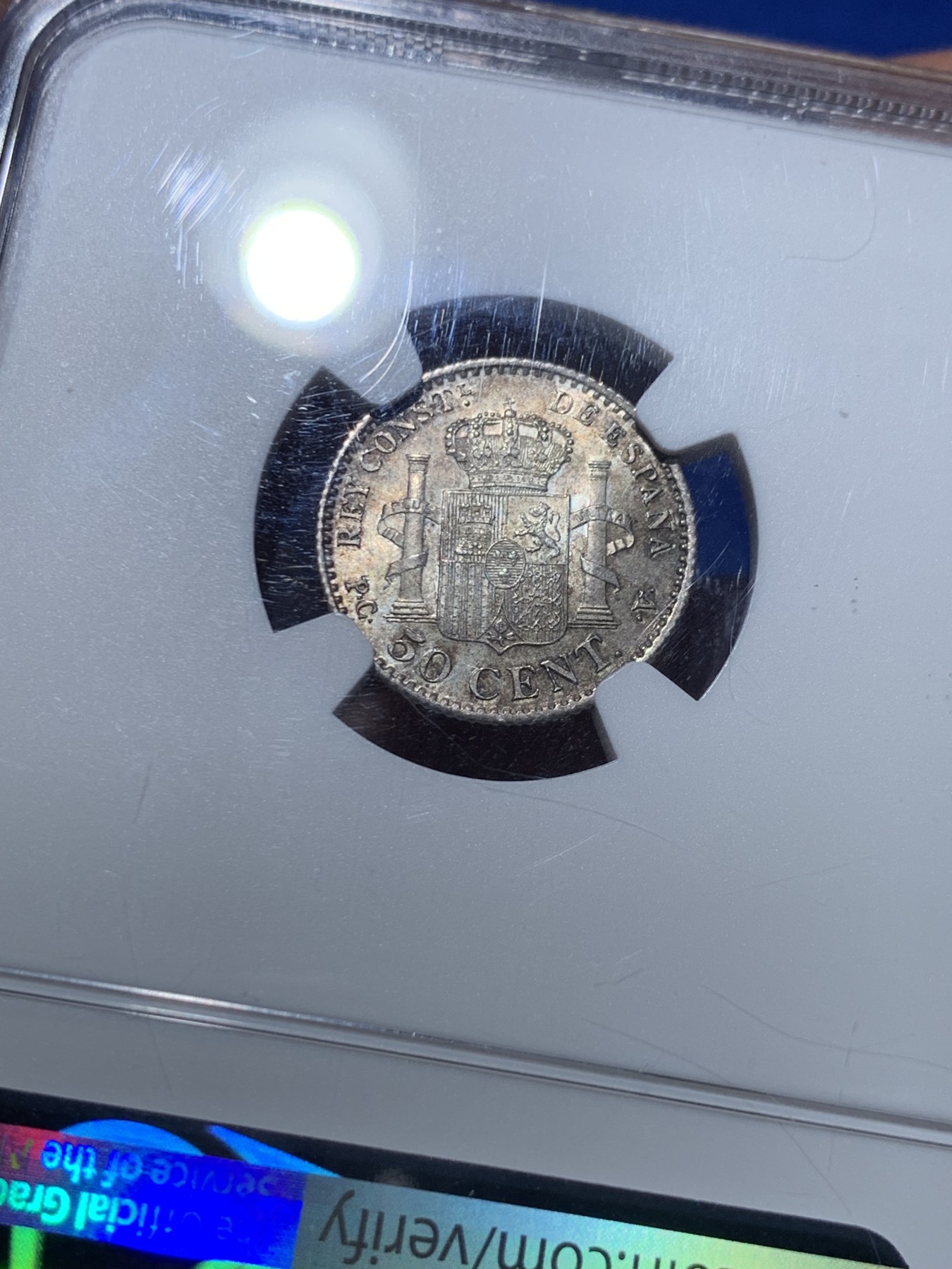 《竞宝斋》第257场-周日，周一 2场连拍 (全场包邮) NGC MS64 西班牙 1904年 阿方索十三世 50分 银币 背后双柱 好彩 更高分仅5枚