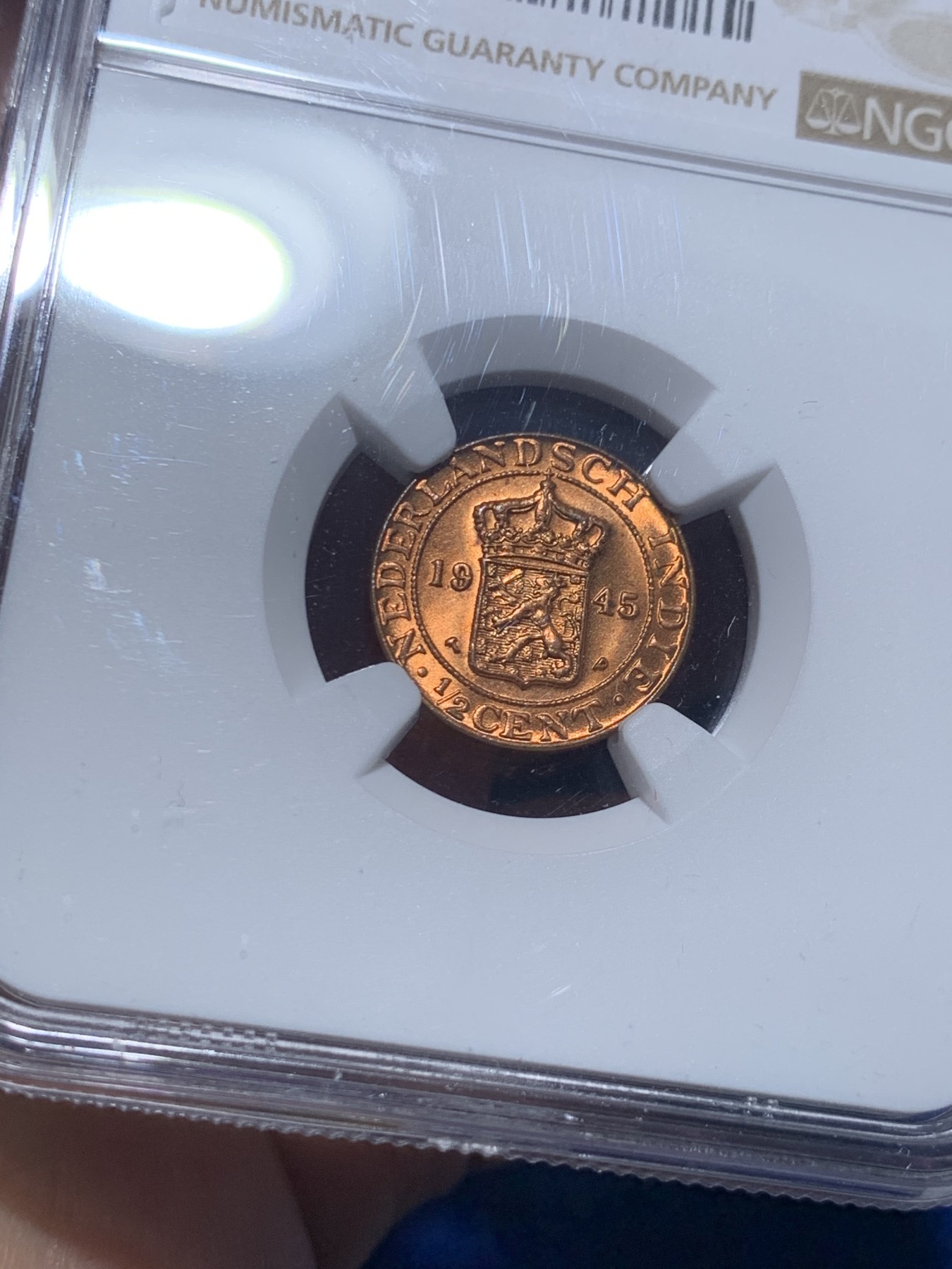 《竞宝斋》第257场-周日，周一 2场连拍 (全场包邮) NGC MS66RD 1945年荷属东印度群岛（今印尼）1/2 半分铜币 超高分好品