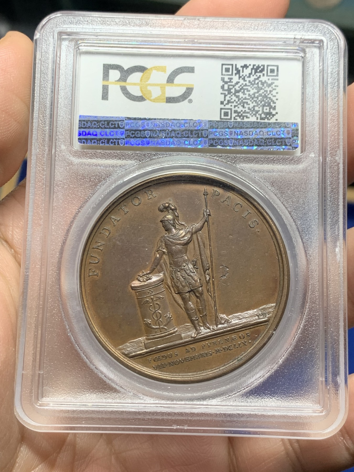 《竞宝斋》第257场-周日，周一 2场连拍 (全场包邮) PCGS MS62BN 法国路易十四铜章 青年版头像 状态不错 相当少见 pcgs唯一评级记录 加厚盒装