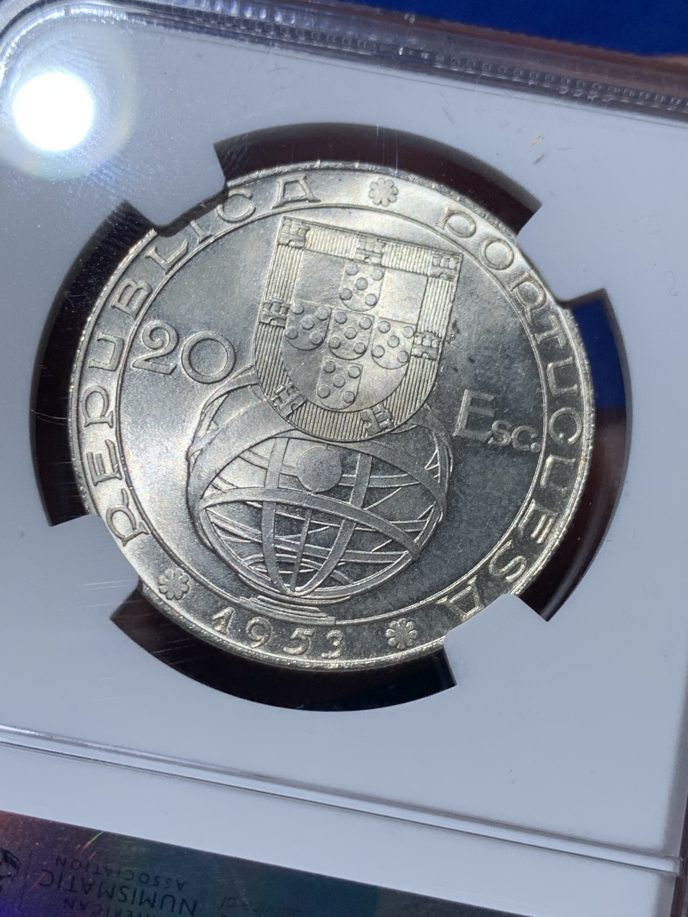 《竞宝斋》第257场-周日，周一 2场连拍 (全场包邮) NGC MS65 葡萄牙1953年金融改革制度25周年20埃斯库多银币