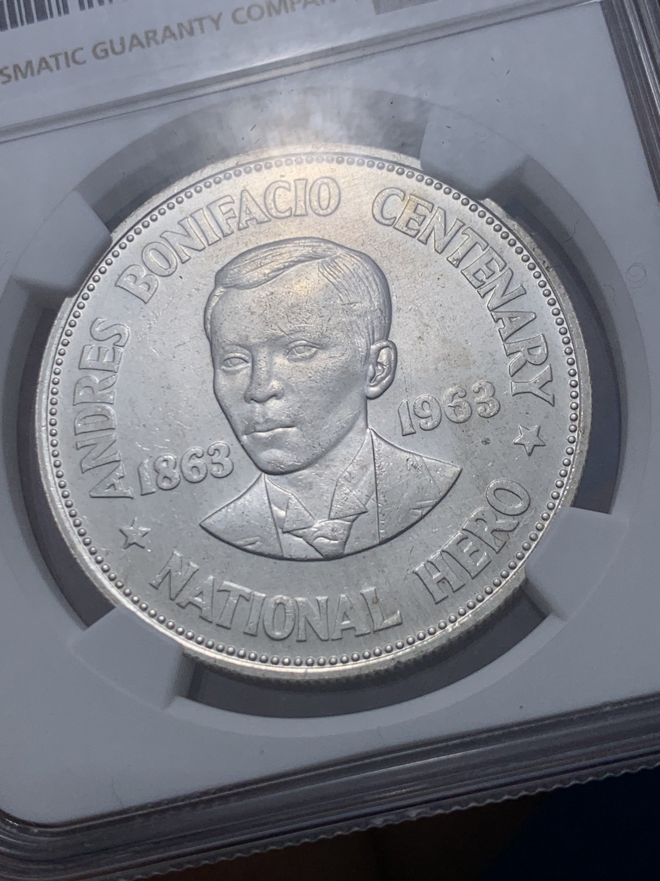 《竞宝斋》第257场-周日，周一 2场连拍 (全场包邮) NGC MS65 菲律宾1963年独立领导人波尼斯奥1比索纪念银币 普制品种很难的高分 亚军分更高分只有5枚