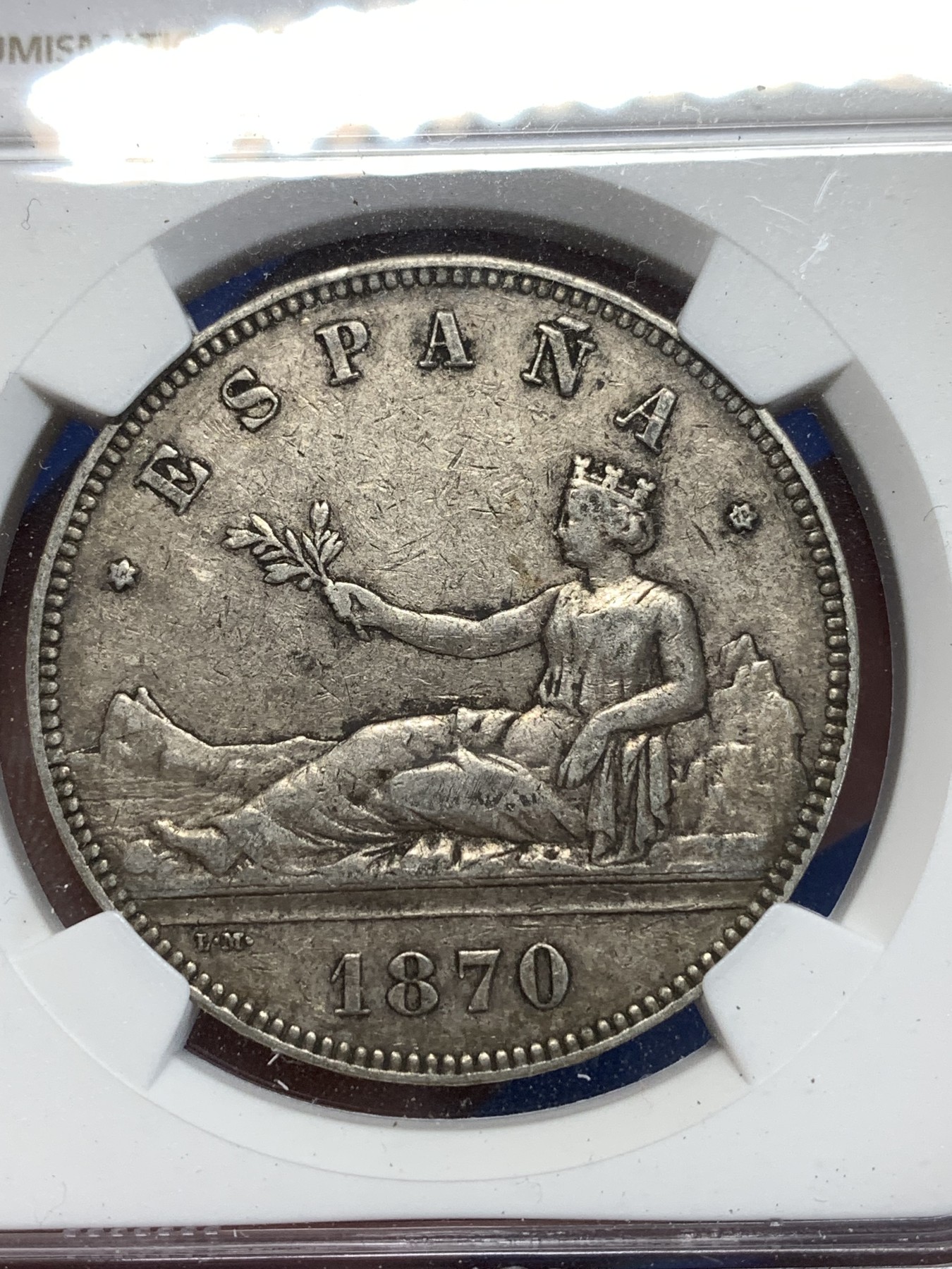 《竞宝斋》第257场-周日，周一 2场连拍 (全场包邮) NGC XF40 西班牙1870年坐人拿花5比塞塔双柱银币