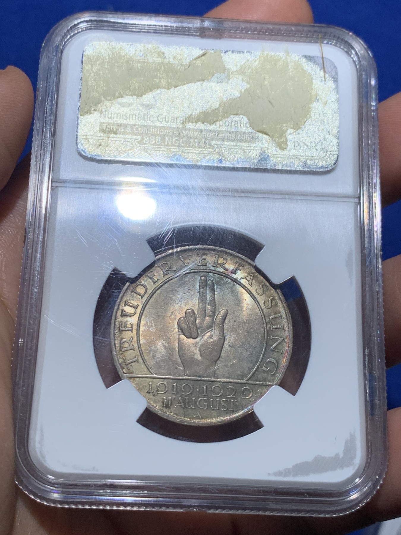 《竞宝斋》第257场-周日，周一 2场连拍 (全场包邮) NGC MS64 德国 1929年 魏玛纪念宪法 3马克 银币 黄油彩加淡五彩 微拍所见状态最好一枚