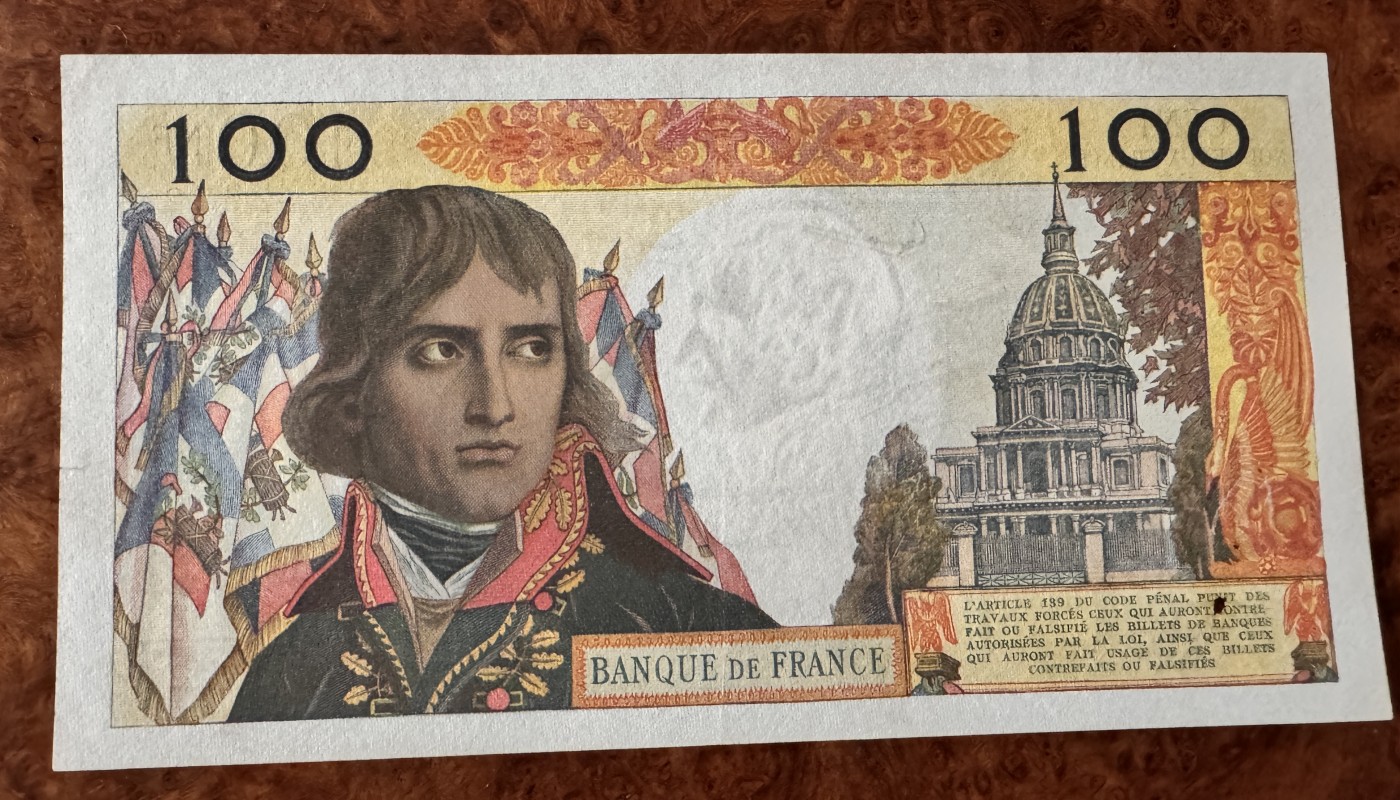 Chase Auction 第27期 - - 外钞、民国钞和人民币混合场！ 法国100新法郎，拿破仑头像，品相如图，有针孔！