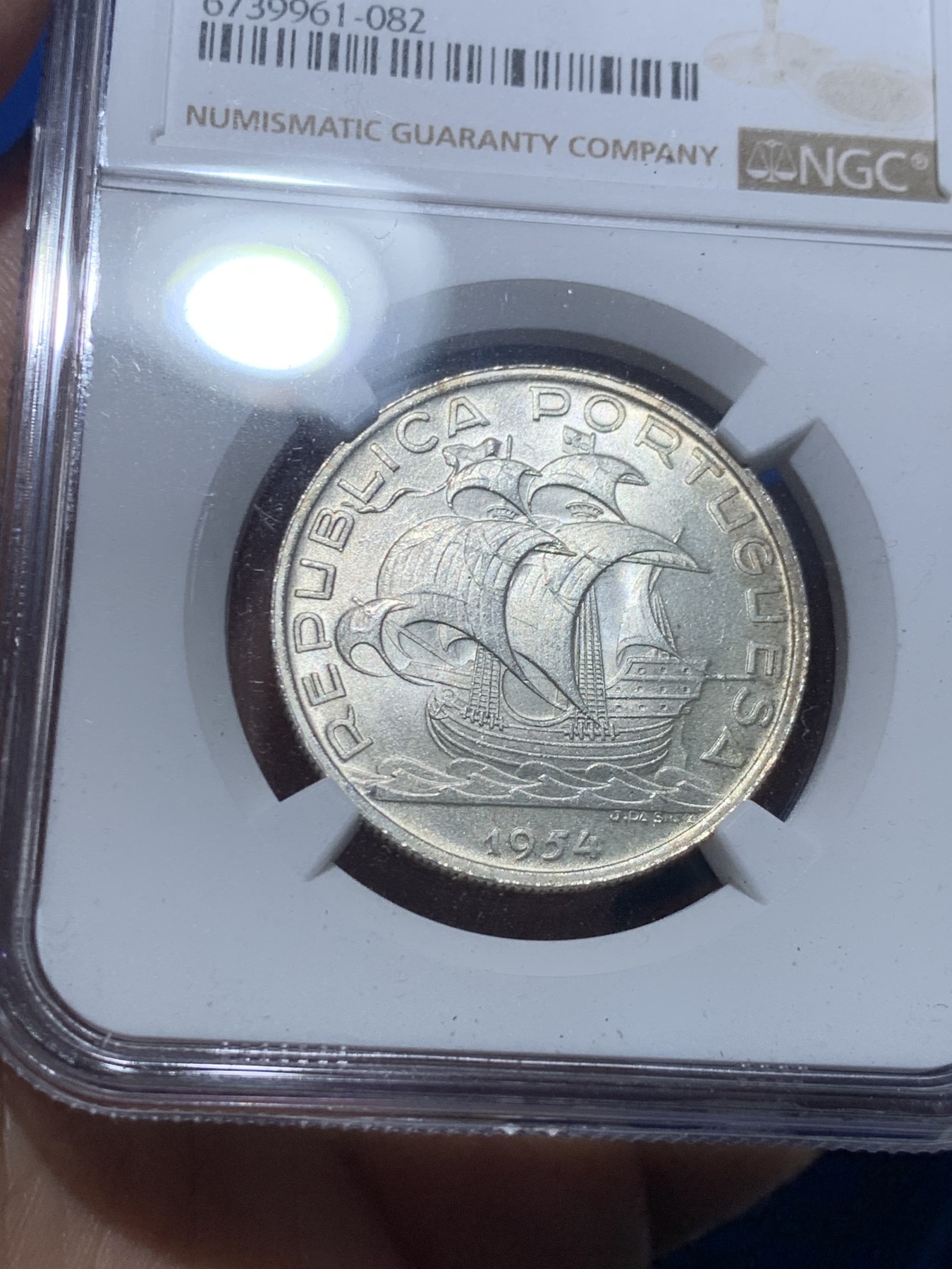 《竞宝斋》第257场-周日，周一 2场连拍 (全场包邮) NGC MS65 葡萄牙1954年大帆船10埃斯库多银币