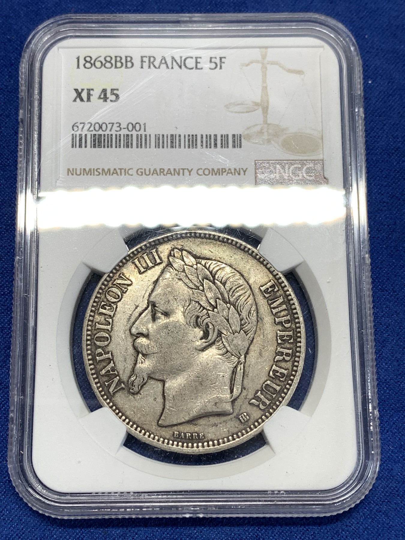 《竞宝斋》第257场-周日，周一 2场连拍 (全场包邮) NGC XF45 法国1868年拿破仑三世5法郎银币
