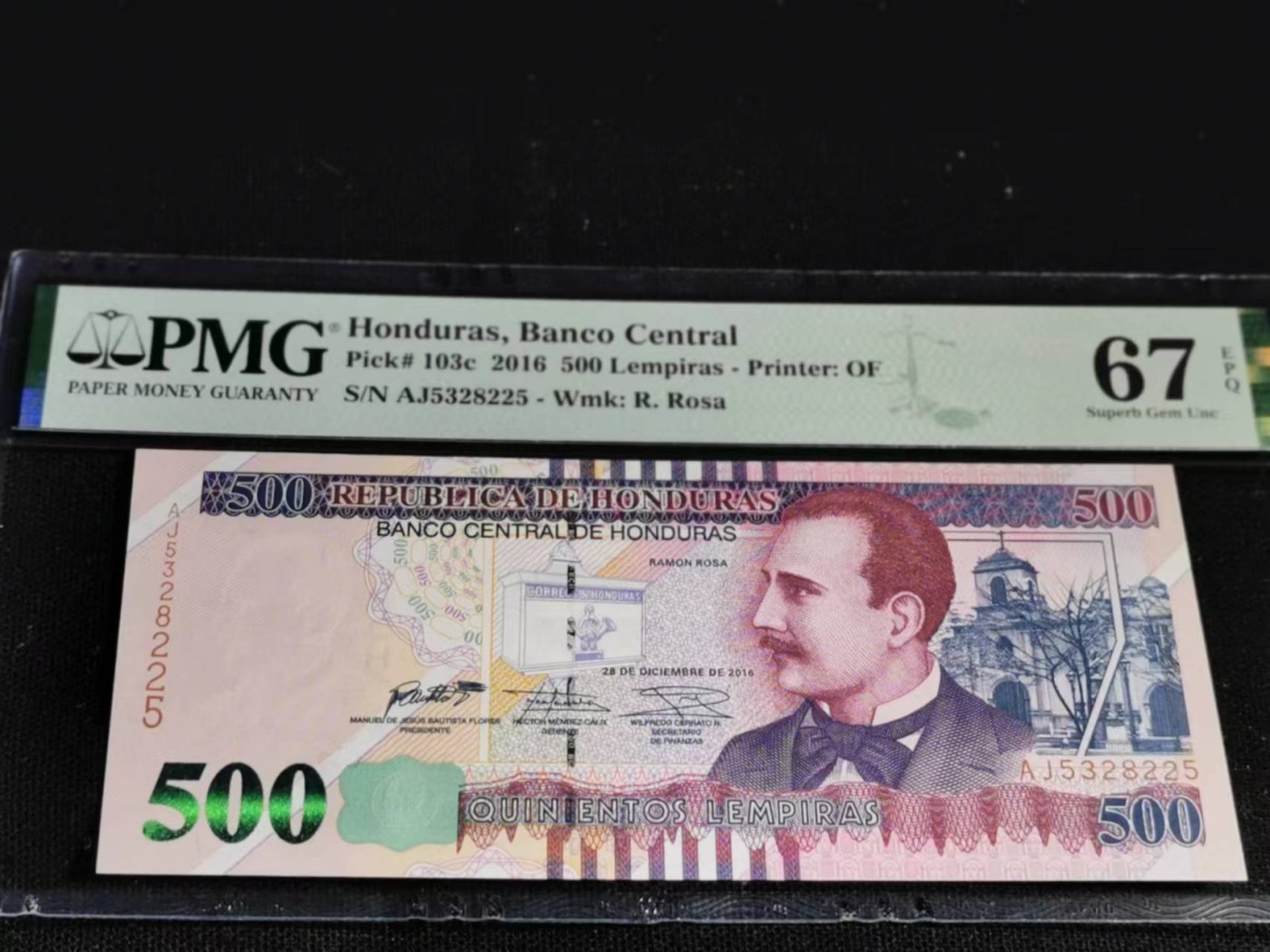 刘世昌艺术品销售中心～虎踞龙蟠*金杨在线联拍群第514期 洪都拉斯2016年500伦皮拉（PMG  67E  号码：AJ5328225 ）1枚。