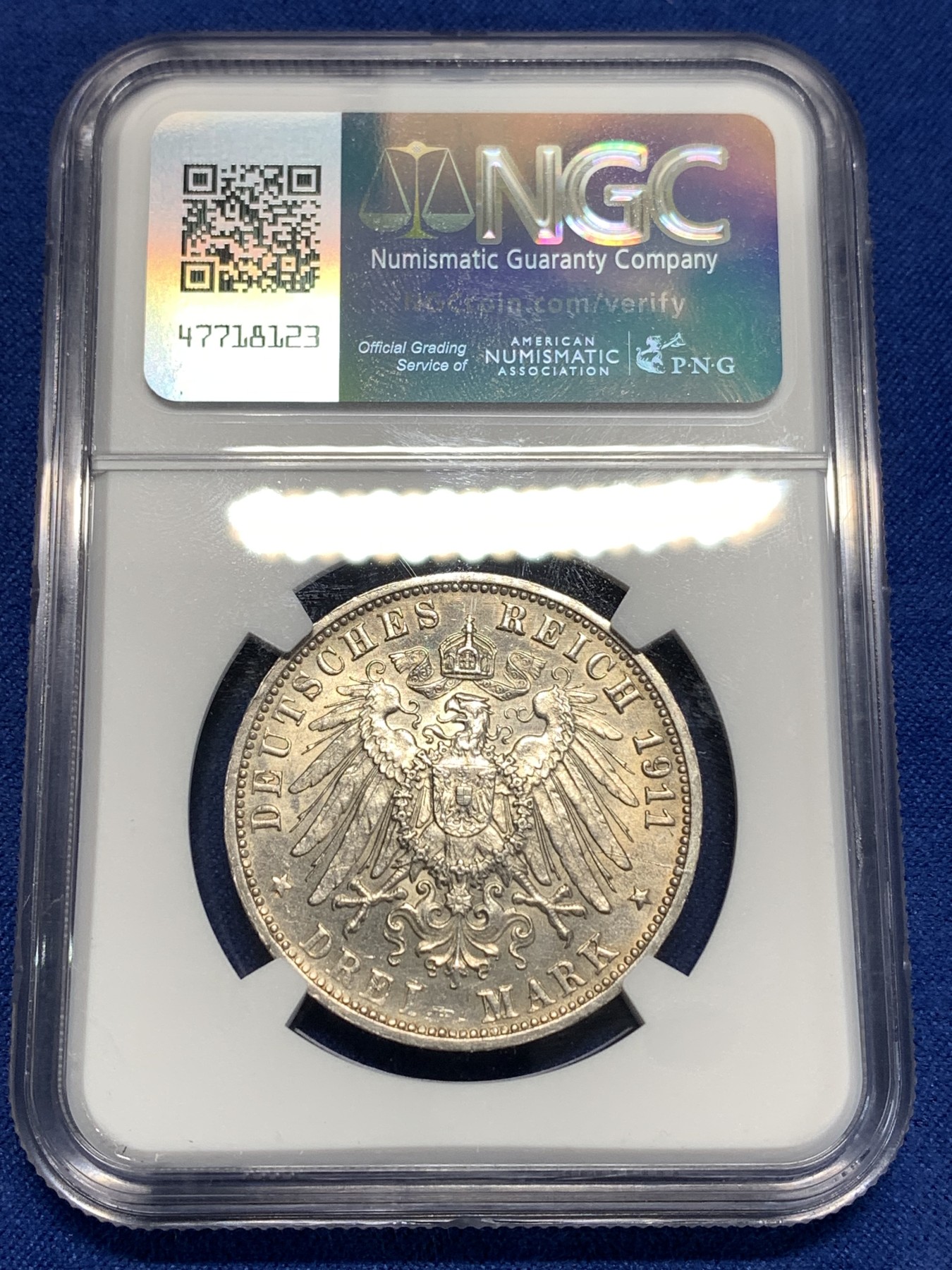 《竞宝斋》第257场-周日，周一 2场连拍 (全场包邮) NGC MS64 德国1911年符腾堡婚礼3马克银币