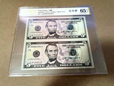【Blue Auction】✨世界纸币精拍第460期【精】 【二联体】美国 2013年5美金 ACG65EPQ 
