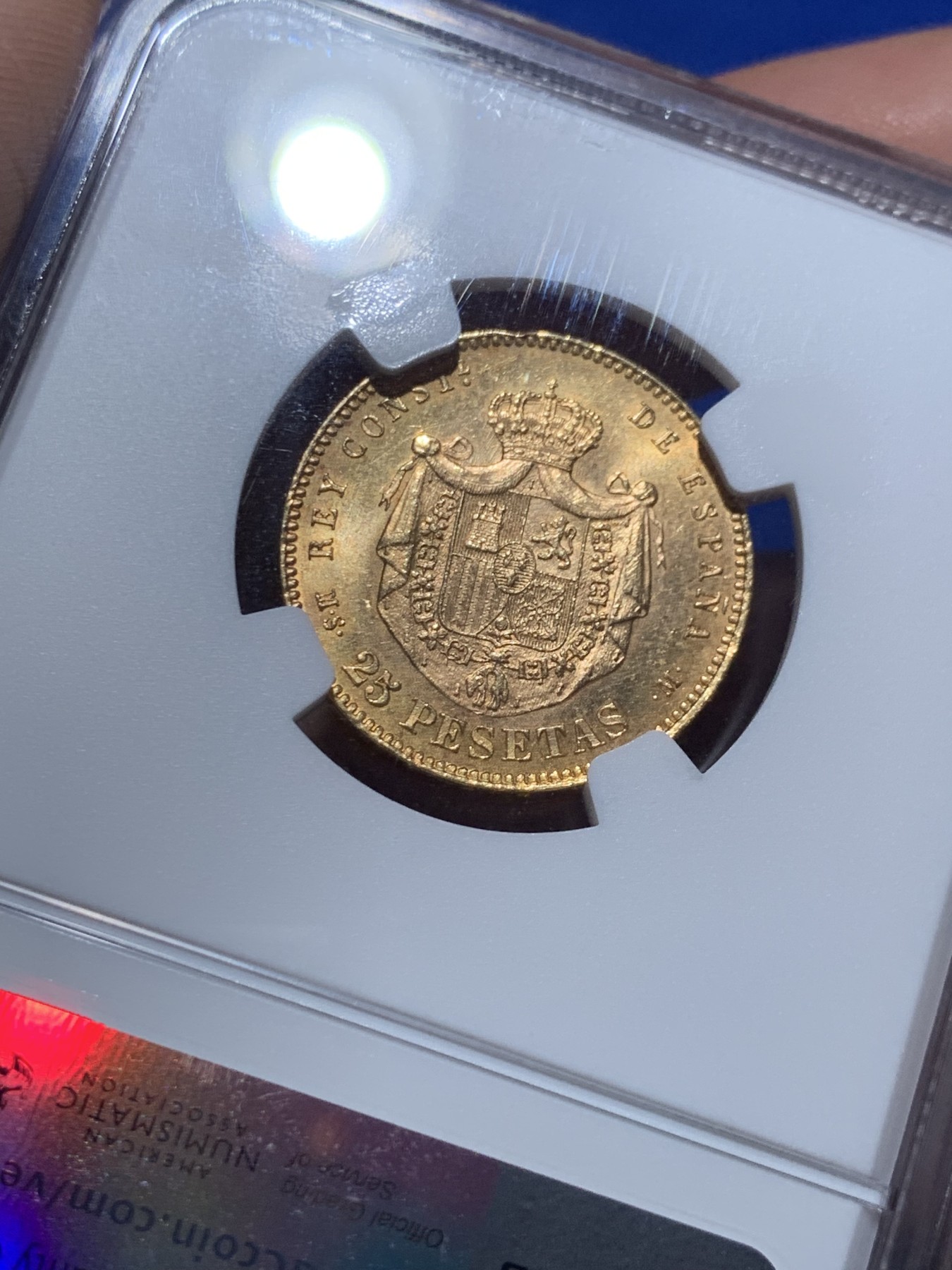 《竞宝斋》第257场-周日，周一 2场连拍 (全场包邮) NGC UNC 西班牙 1880年 阿方索十二世 25比塞塔 金币 状态不错 细节见图