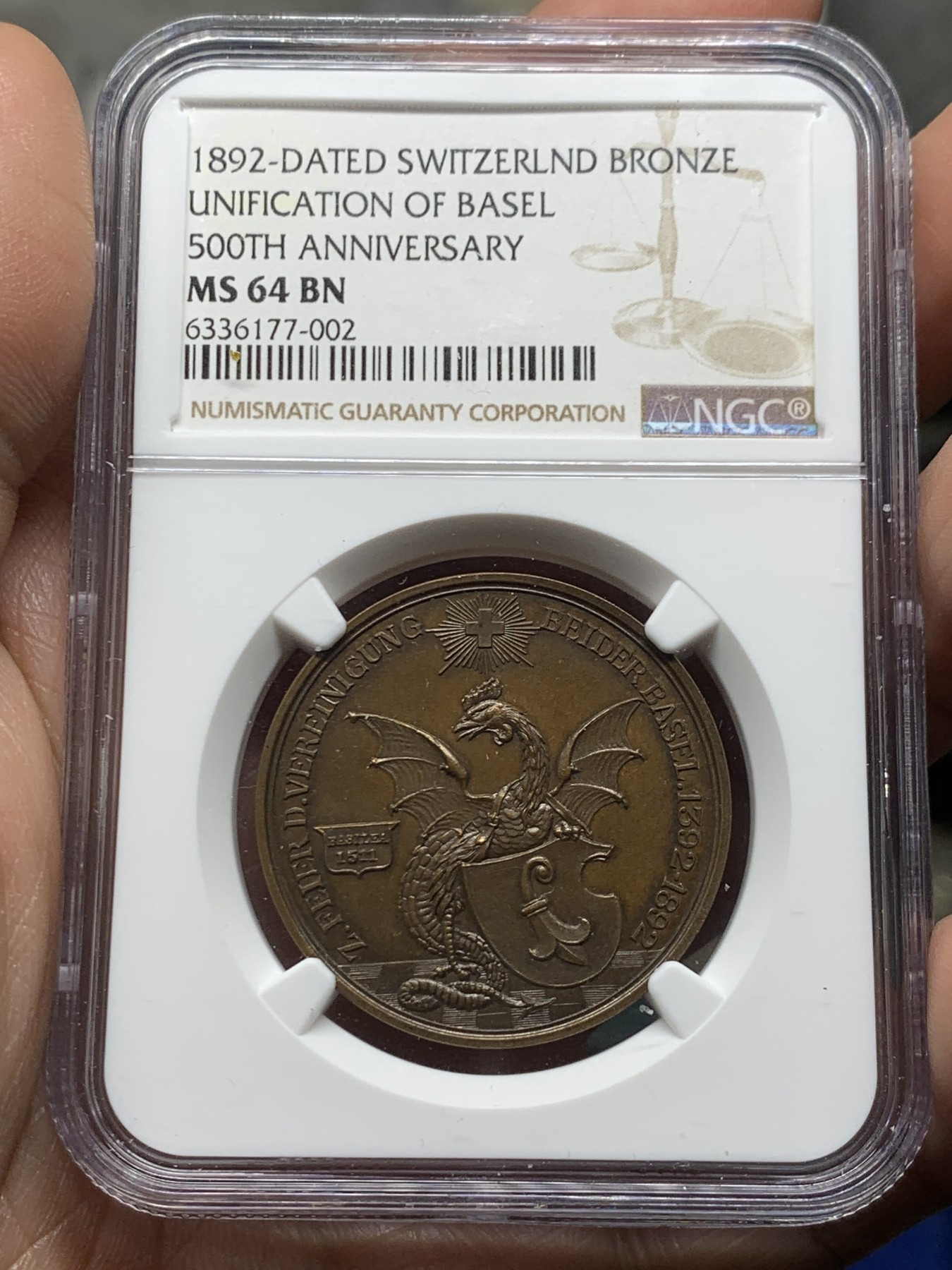 《竞宝斋》第257场-周日，周一 2场连拍 (全场包邮) NGC MS64BN 瑞士1892年巴塞尔统一500周年纪念城市景观铜章 设计精美 稀少难得！
