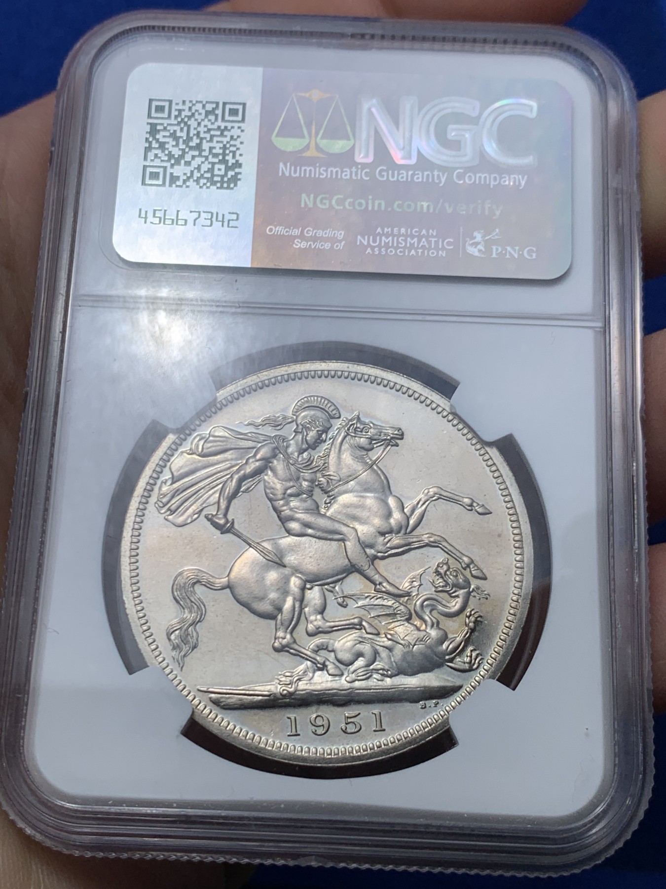 《竞宝斋》第257场-周日，周一 2场连拍 (全场包邮) NGC PL64 英国1951年乔治六世克朗 最后的镍马剑 镜面漂亮