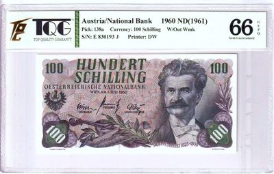 【Blue Auction】✨世界纸币精拍第460期【精】 【无47】奥地利 1960年100先令 斯特劳斯 TQG66EPQ 