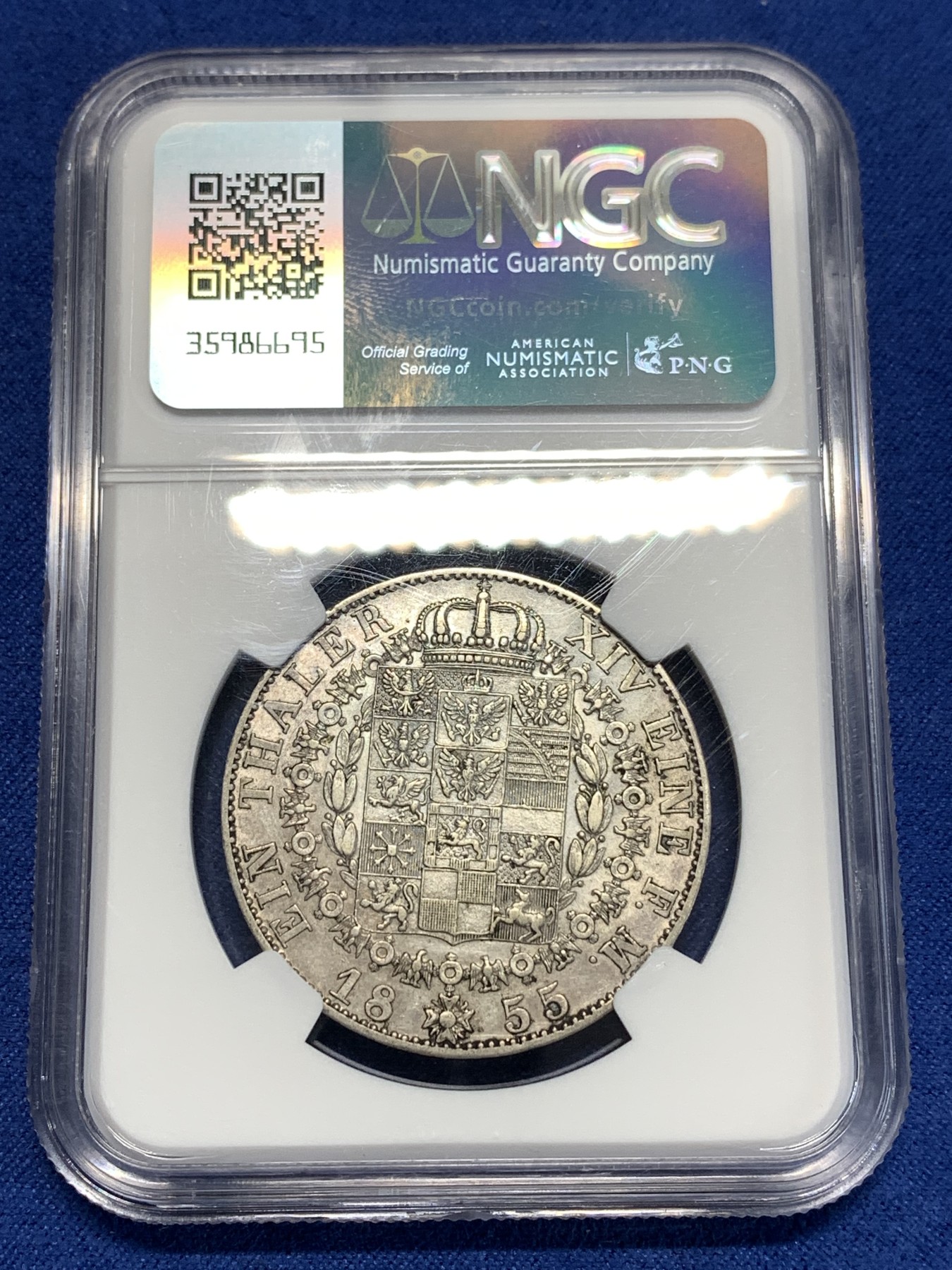 《竞宝斋》第257场-周日，周一 2场连拍 (全场包邮) NGC AU53德国1855年威廉四世洋葱头1泰勒银币 少见早期大版 带底光 细节保存挺好 严评