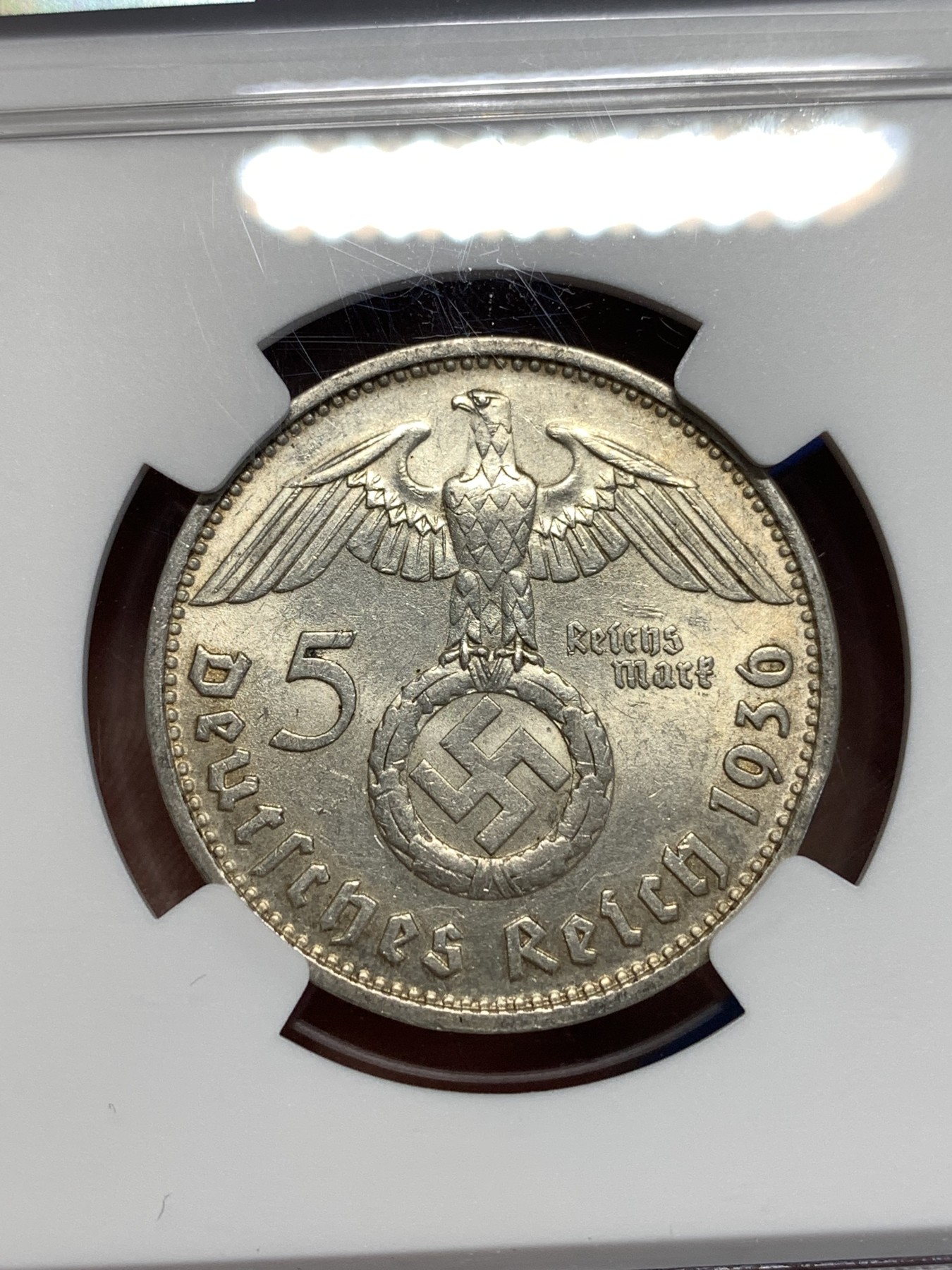 《竞宝斋》第257场-周日，周一 2场连拍 (全场包邮) NGC MS62 德国1936年D版兴登堡带字5马克银币 原光好品