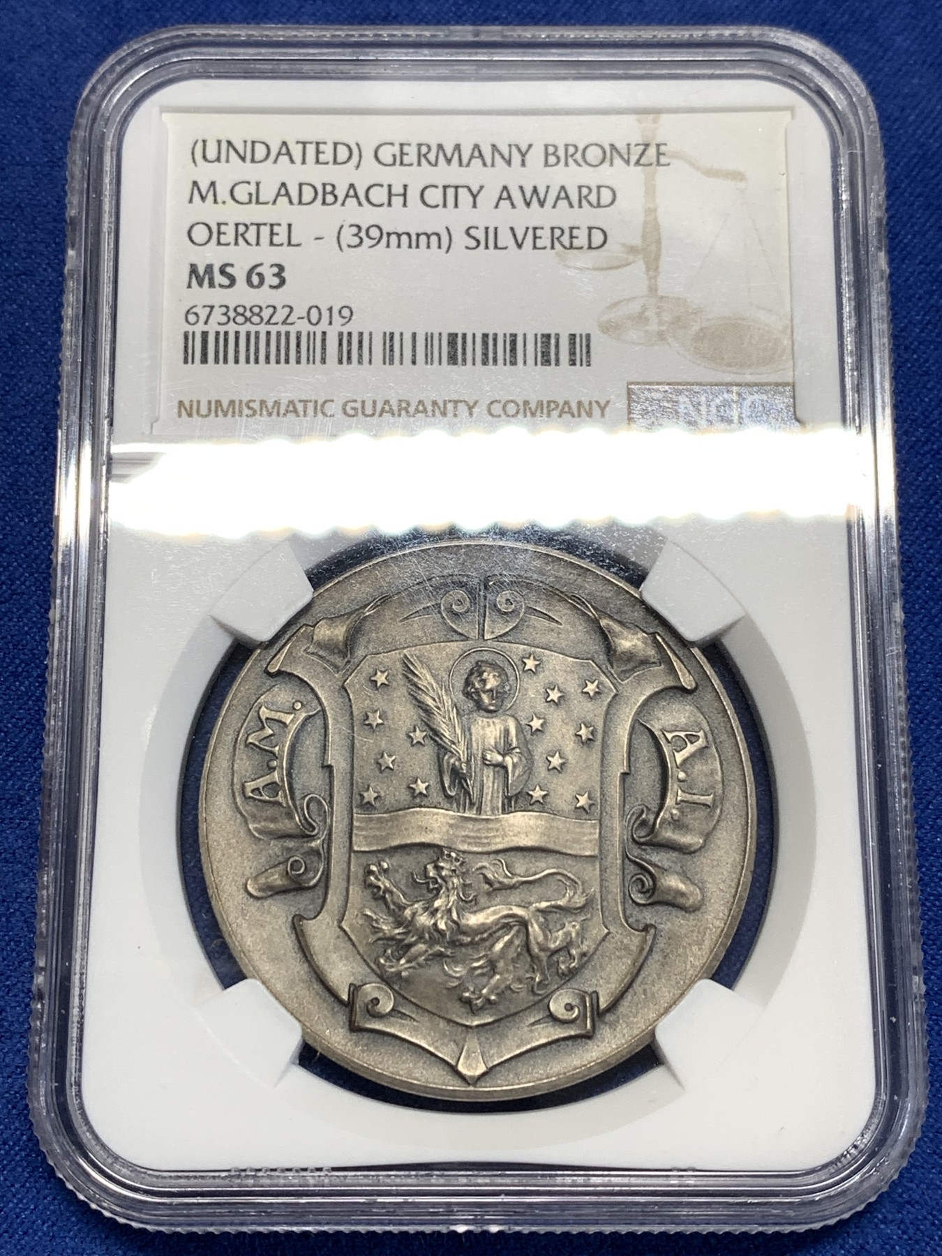 《竞宝斋》第257场-周日，周一 2场连拍 (全场包邮) NGC MS63 19世纪德国门兴格莱德巴赫城市镀银奖章 设计精美 罕见品种！