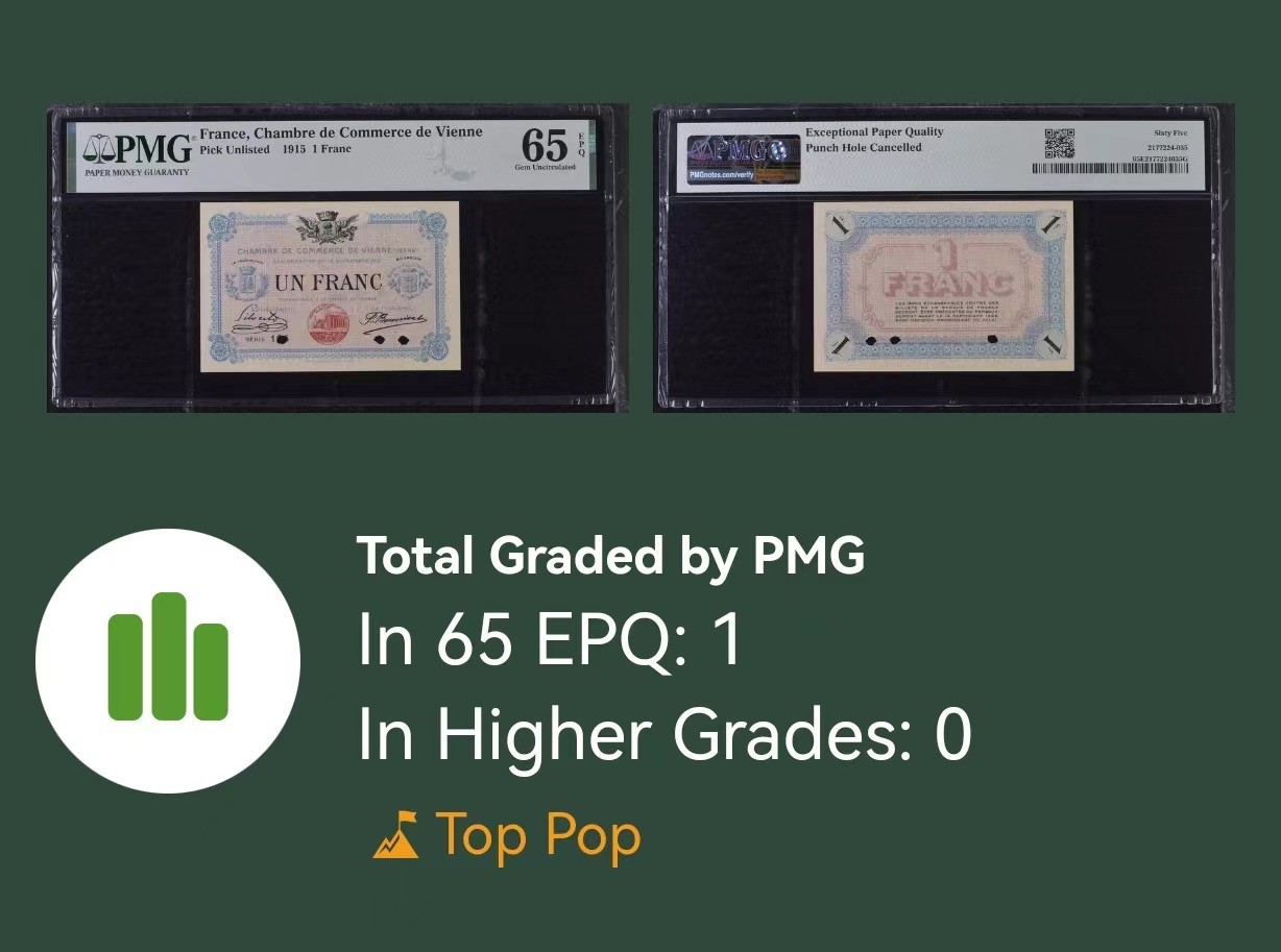收藏联盟Quantum Auction 第337期拍卖  法国1915年1法郎 PMG65EPQ 唯一记录的冠军分 为孤品 绝品极为罕见 第三共和国时期维也纳商会未发行的货币且可在法国银行兑换