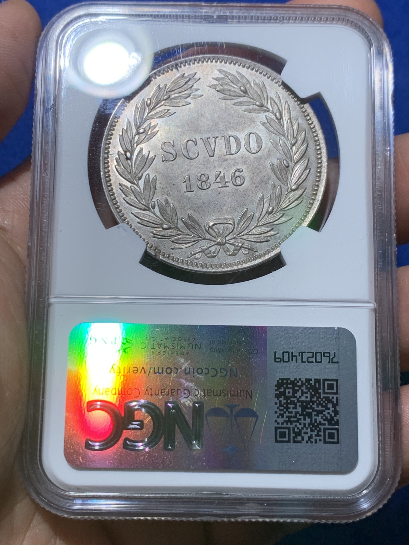 《竞宝斋》第257场-周日，周一 2场连拍 (全场包邮) NGC MS62 意大利 教皇国1846年格力高利十六世 1埃斯库多 少见的格力高利十六世，常见的都是庇护九世 PL镜面底板 ，银灰色包浆，非常漂亮