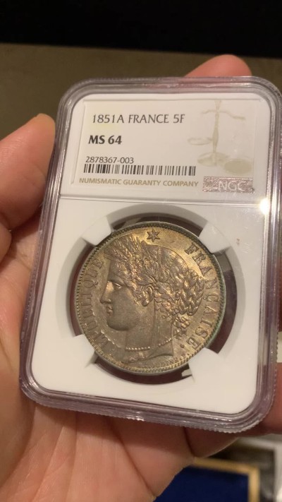 《竞宝斋》第257场-周日，周一 2场连拍 (全场包邮) NGC MS64 法国1851年谷物女神5法郎银币 包浆不错，高分谷物值得收藏