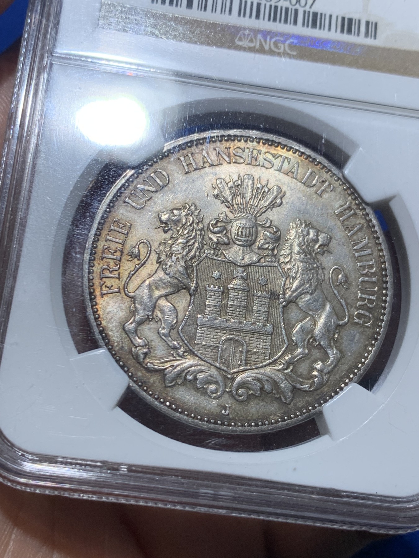 《竞宝斋》第257场-周日，周一 2场连拍 (全场包邮) NGC MS63 德国1913年汉堡5马克 油画彩青金包浆 实物状态顶级 上手惊喜