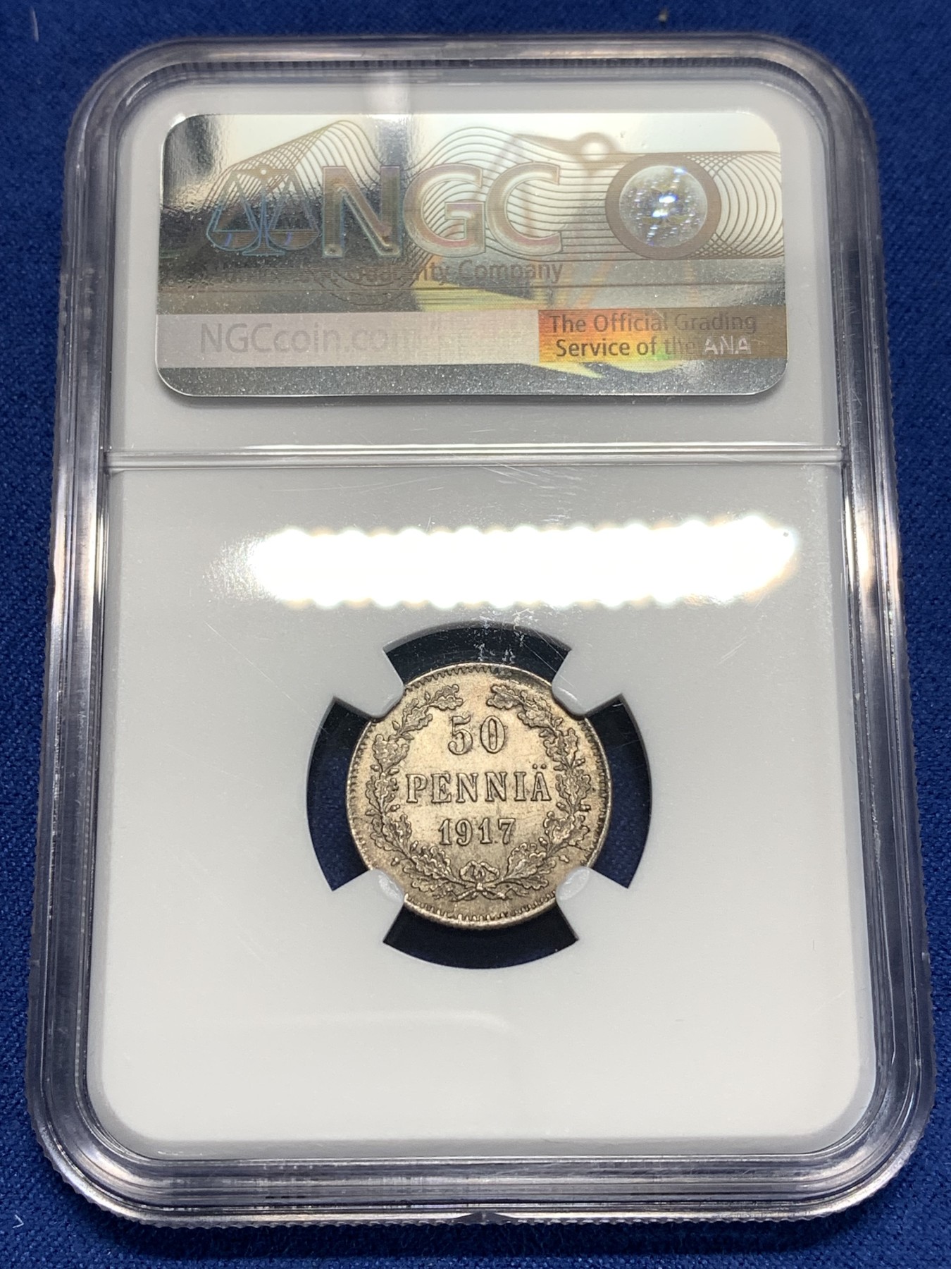 《竞宝斋》第257场-周日，周一 2场连拍 (全场包邮) NGC MS65 1917年芬兰内战无冠双头鹰50芬妮银币，高分老包浆