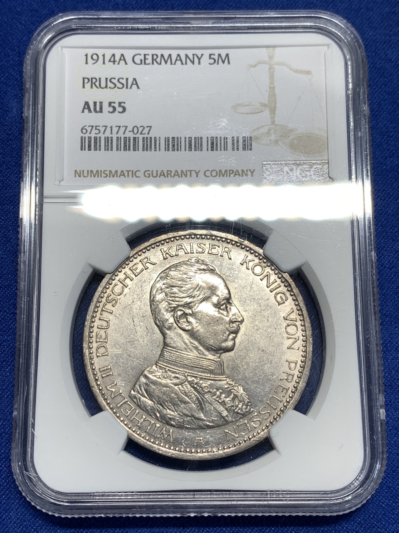 《竞宝斋》第257场-周日，周一 2场连拍 (全场包邮) NGC AU55 德国1914年普鲁士威二戎装版5马克银币