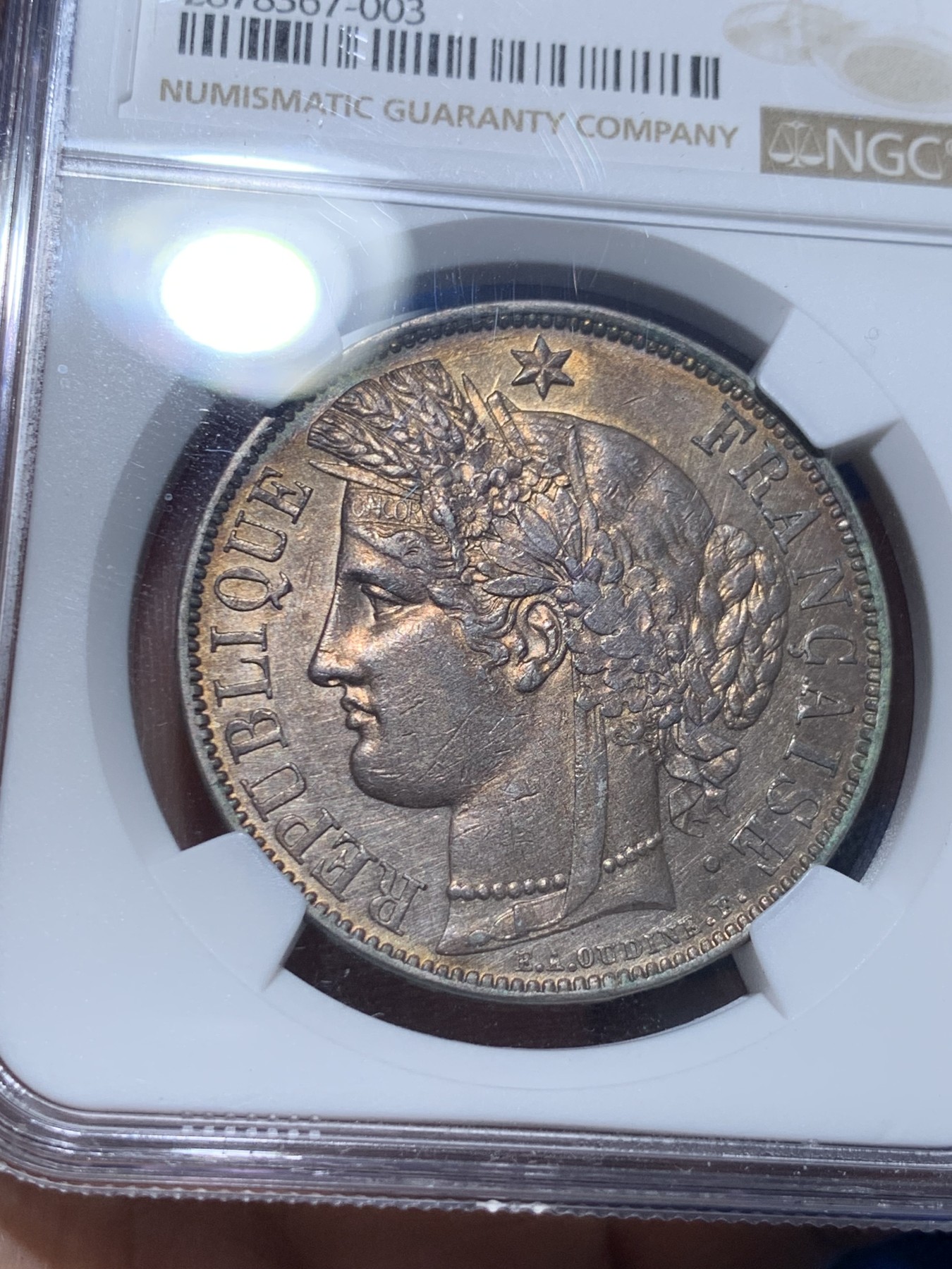 《竞宝斋》第257场-周日，周一 2场连拍 (全场包邮) NGC MS64 法国1851年谷物女神5法郎银币 包浆不错，高分谷物值得收藏