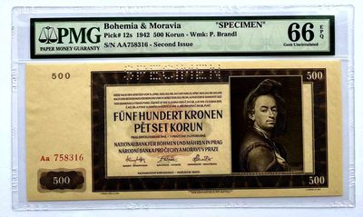 【Blue Auction】✨世界纸币精拍第460期【精】 【AA冠样钞】波西米亚 1942年500克朗 大票幅 PMG66EPQ 