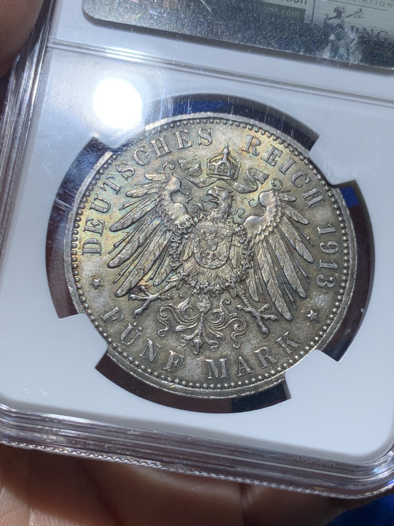 《竞宝斋》第257场-周日，周一 2场连拍 (全场包邮) NGC MS63 德国1913年汉堡5马克 油画彩青金包浆 实物状态顶级 上手惊喜