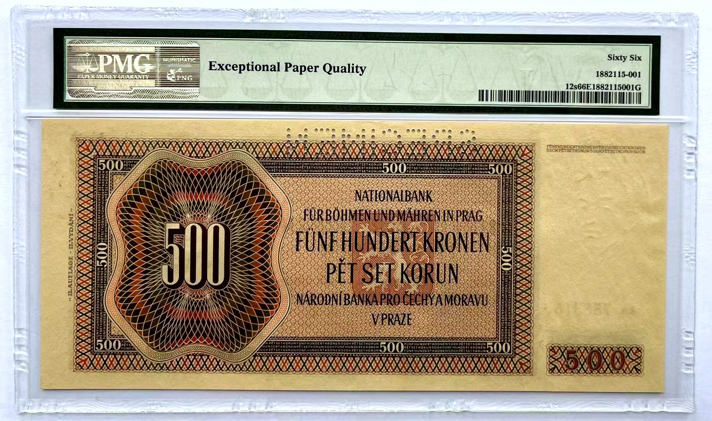 【Blue Auction】✨世界纸币精拍第460期【精】 【AA冠样钞】波西米亚 1942年500克朗 大票幅 PMG66EPQ 
