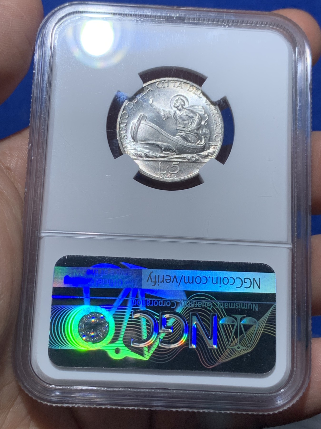 《竞宝斋》第257场-周日，周一 2场连拍 (全场包邮) NGC MS64 梵蒂冈 1940年 划船 5里拉 银币 带微彩