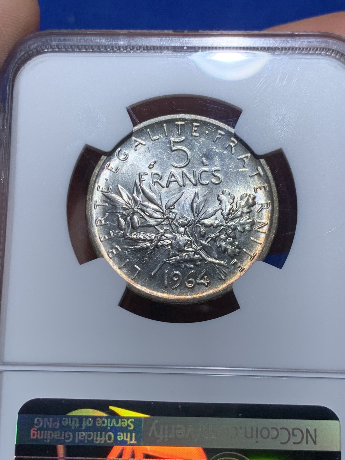 《竞宝斋》第257场-周日，周一 2场连拍 (全场包邮) NGC MS63 法国 1964年 播种女神 5法郎 银币 淡黄环彩