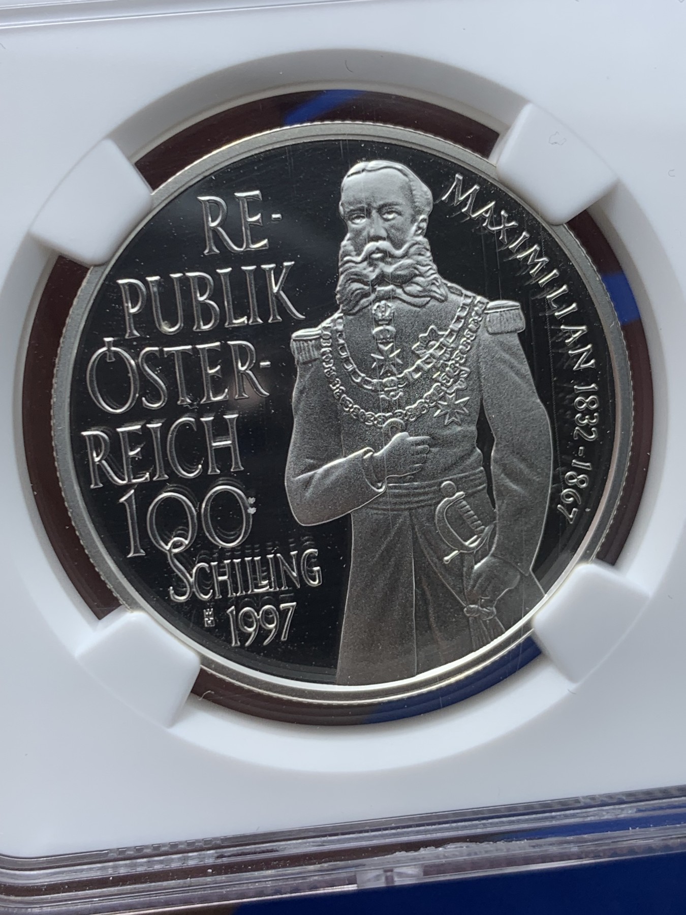 《竞宝斋》第257场-周日，周一 2场连拍 (全场包邮) NGC PF69UC 奥地利1997年发行马克西米利皇帝100先令精制币（克劳斯获奖1999年最佳银币） NGC35周年标 盒装