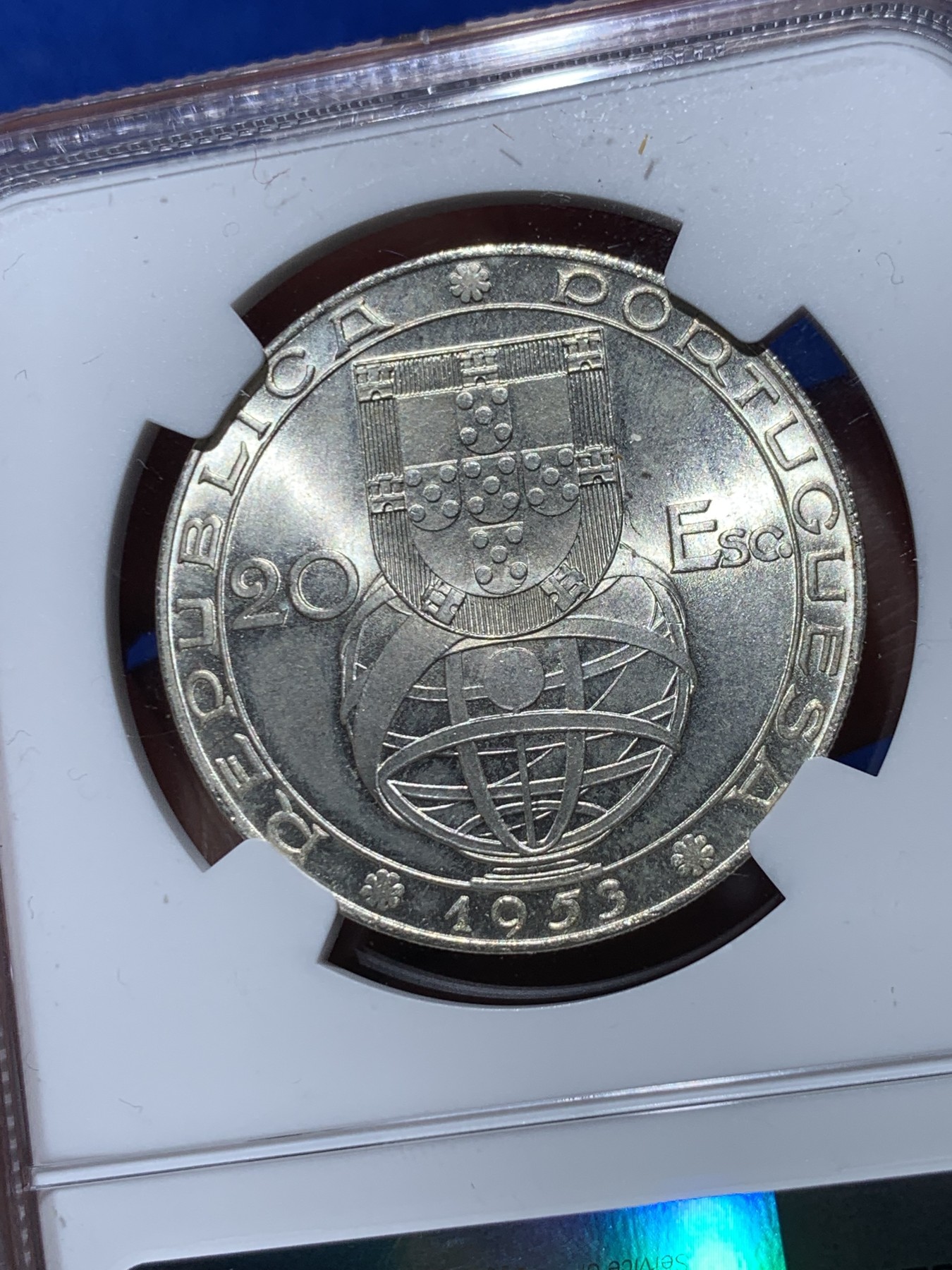 《竞宝斋》第257场-周日，周一 2场连拍 (全场包邮) NGC MS65 葡萄牙1953年金融改革制度25周年20埃斯库多银币