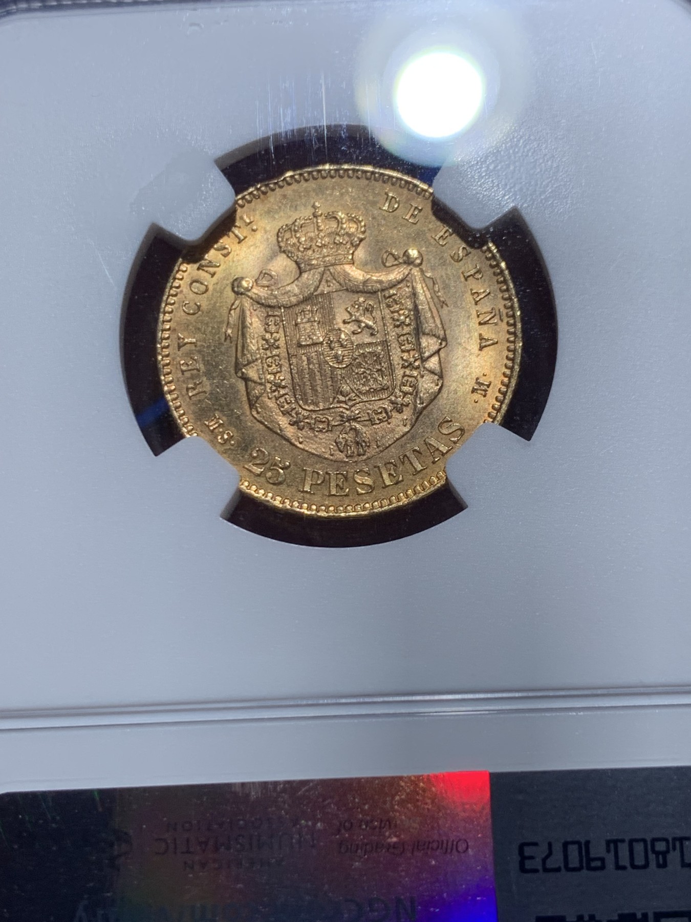 《竞宝斋》第257场-周日，周一 2场连拍 (全场包邮) NGC UNC 西班牙 1880年 阿方索十二世 25比塞塔 金币 状态不错 细节见图