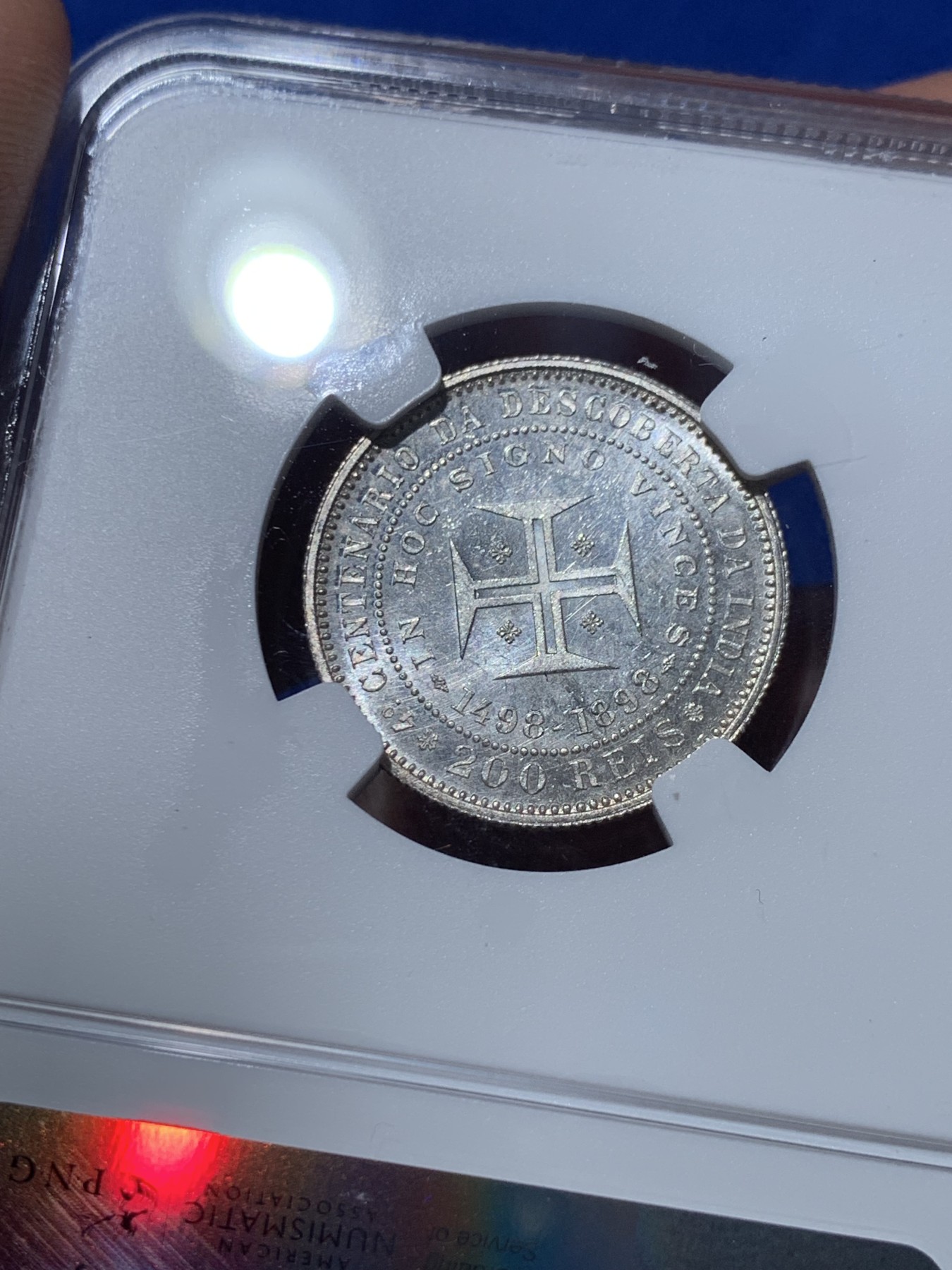 《竞宝斋》第257场-周日，周一 2场连拍 (全场包邮) NGC MS63 葡萄牙1898年发现印度戎装版200瑞斯银币