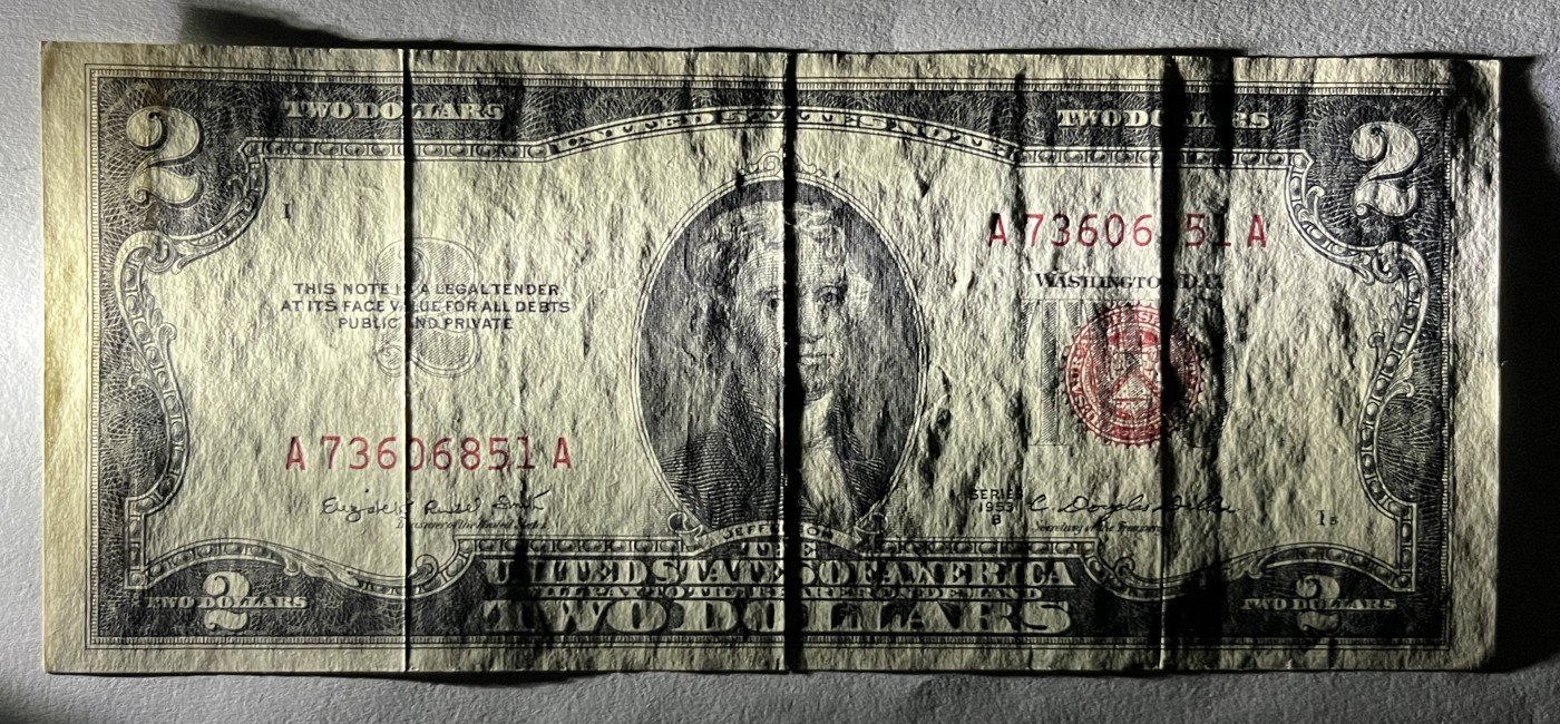 Chase Auction 第27期 - - 外钞、民国钞和人民币混合场！ 1953B版 2美元 政府券 United States Note 红色号码 AA冠首发 无4
