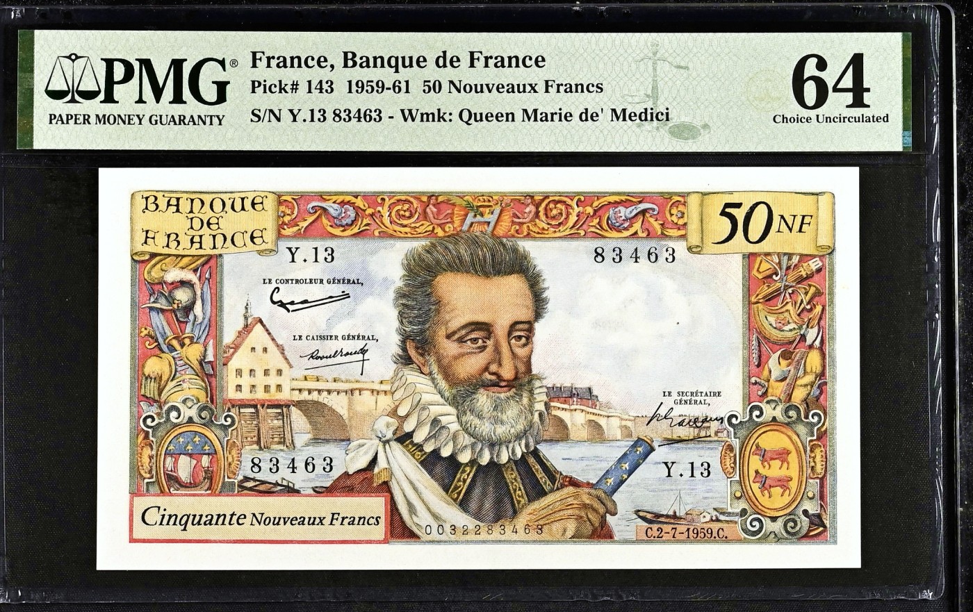 【Blue Auction】✨世界纸币精拍第460期【精】 【首年】法国 1959年50新法郎 亨利四世 设计精美 色彩艳丽 PMG64 顶级品相