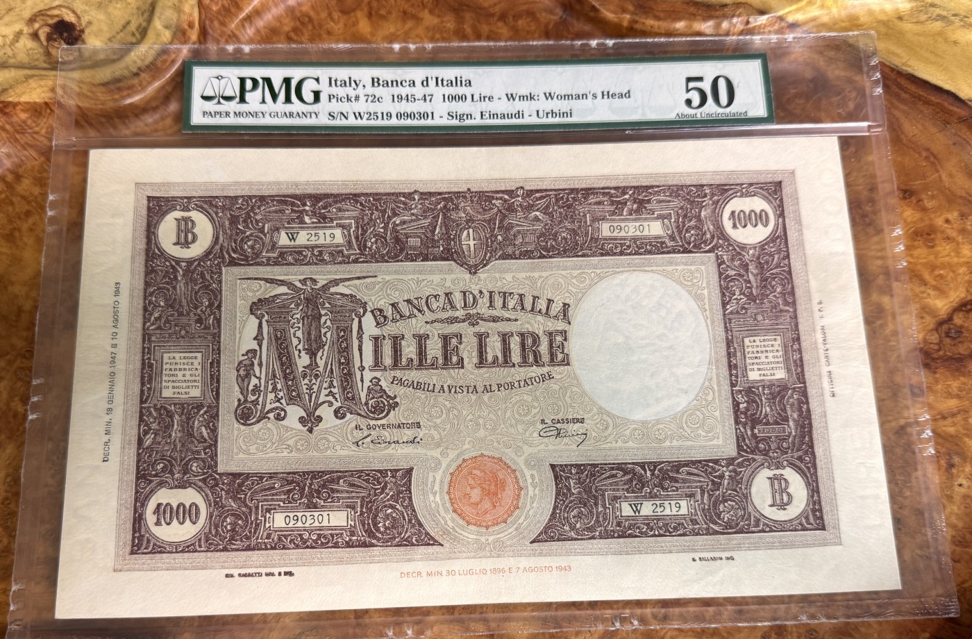 Chase Auction 第27期 - - 外钞、民国钞和人民币混合场！ 1945年意大利1000里拉，PMG50！