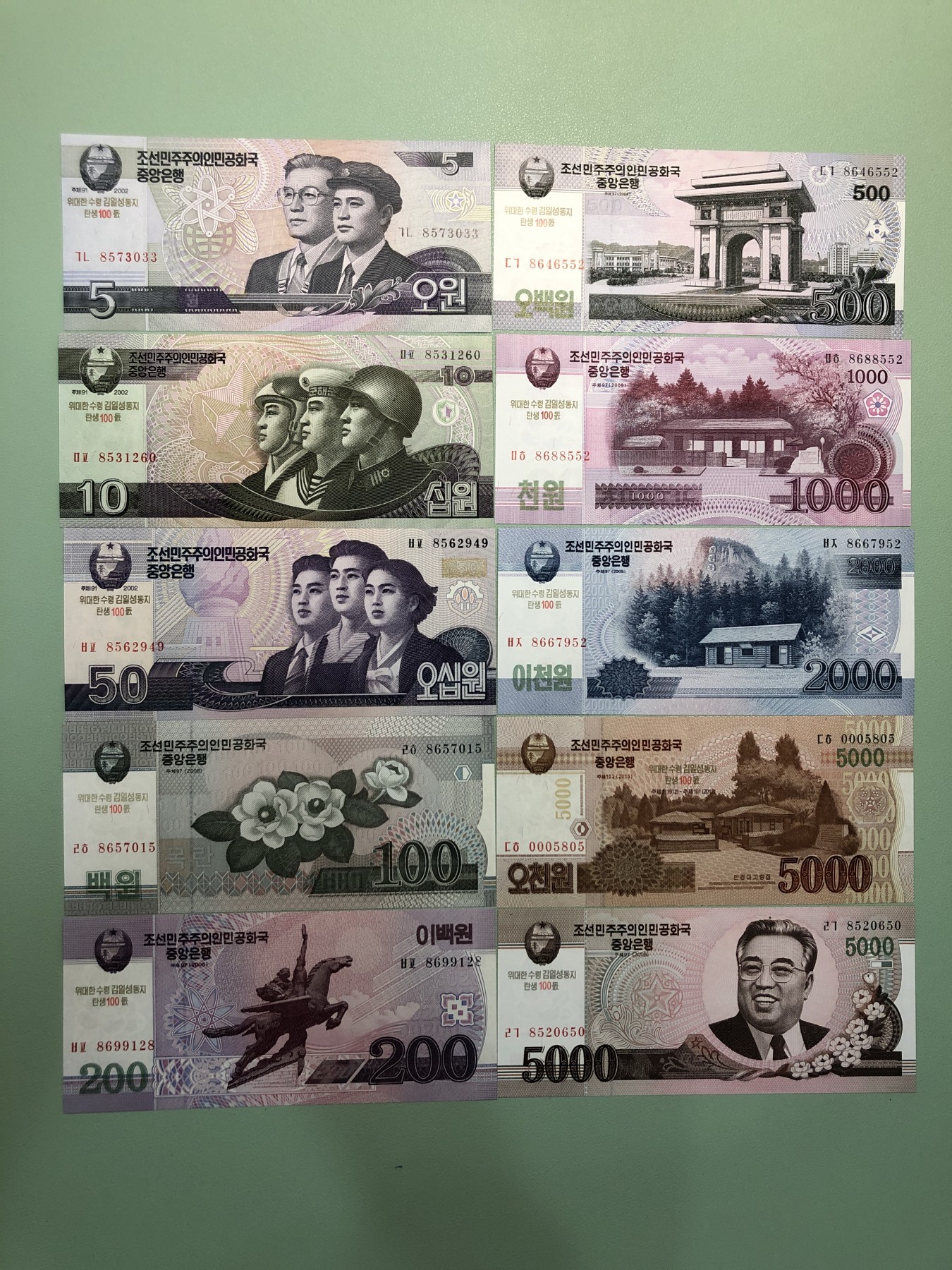 世界外币 2000-13年，朝鲜纪念钞5-5000元全套10张外国纸币，全新UNC品相
