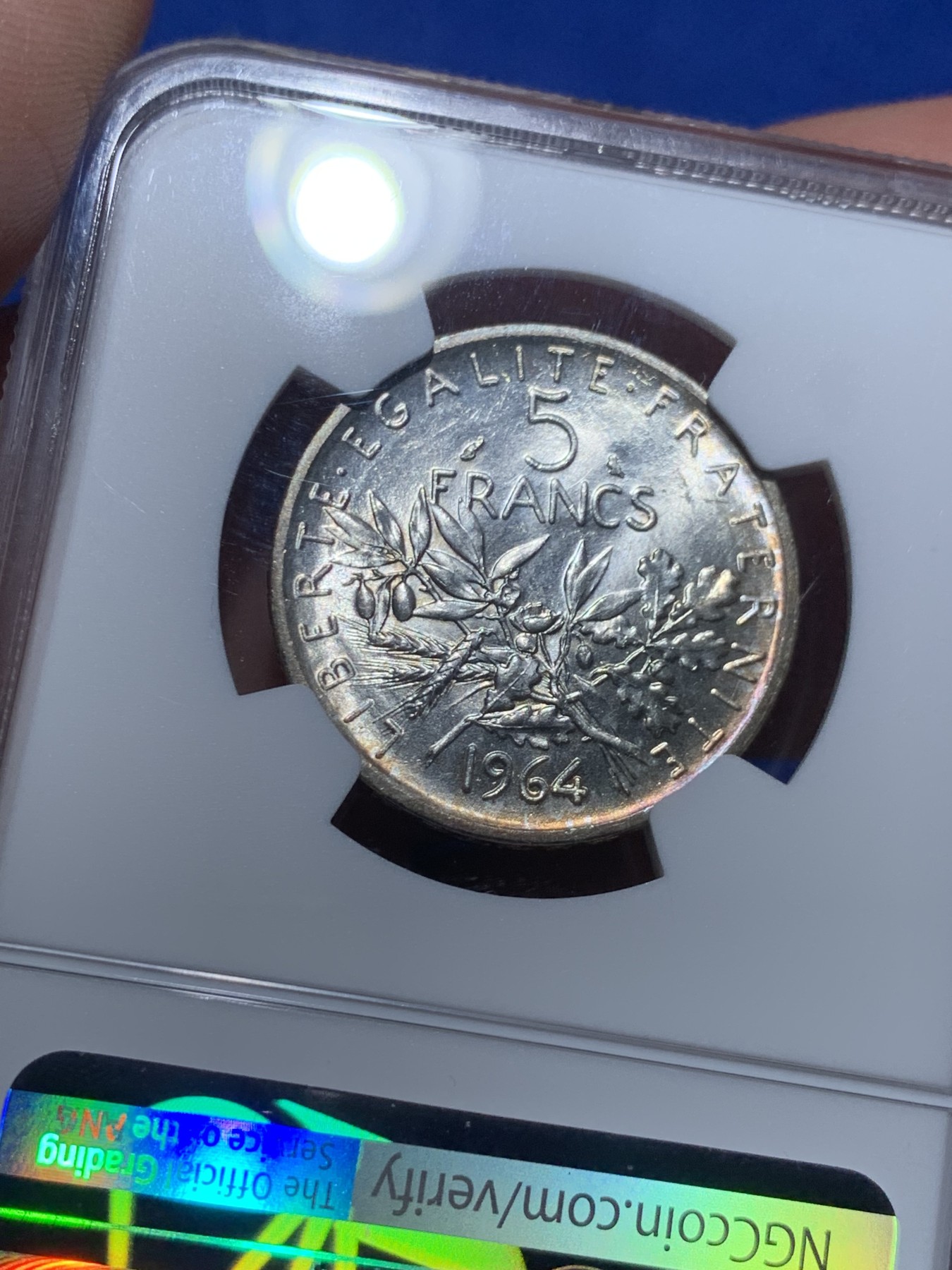 《竞宝斋》第257场-周日，周一 2场连拍 (全场包邮) NGC MS63 法国 1964年 播种女神 5法郎 银币 淡黄环彩