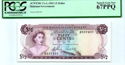 【Blue Auction】✨世界纸币精拍第460期【精】 巴哈马 1965年1/2元 PCGS67EPQ 绿标 彩背 女王