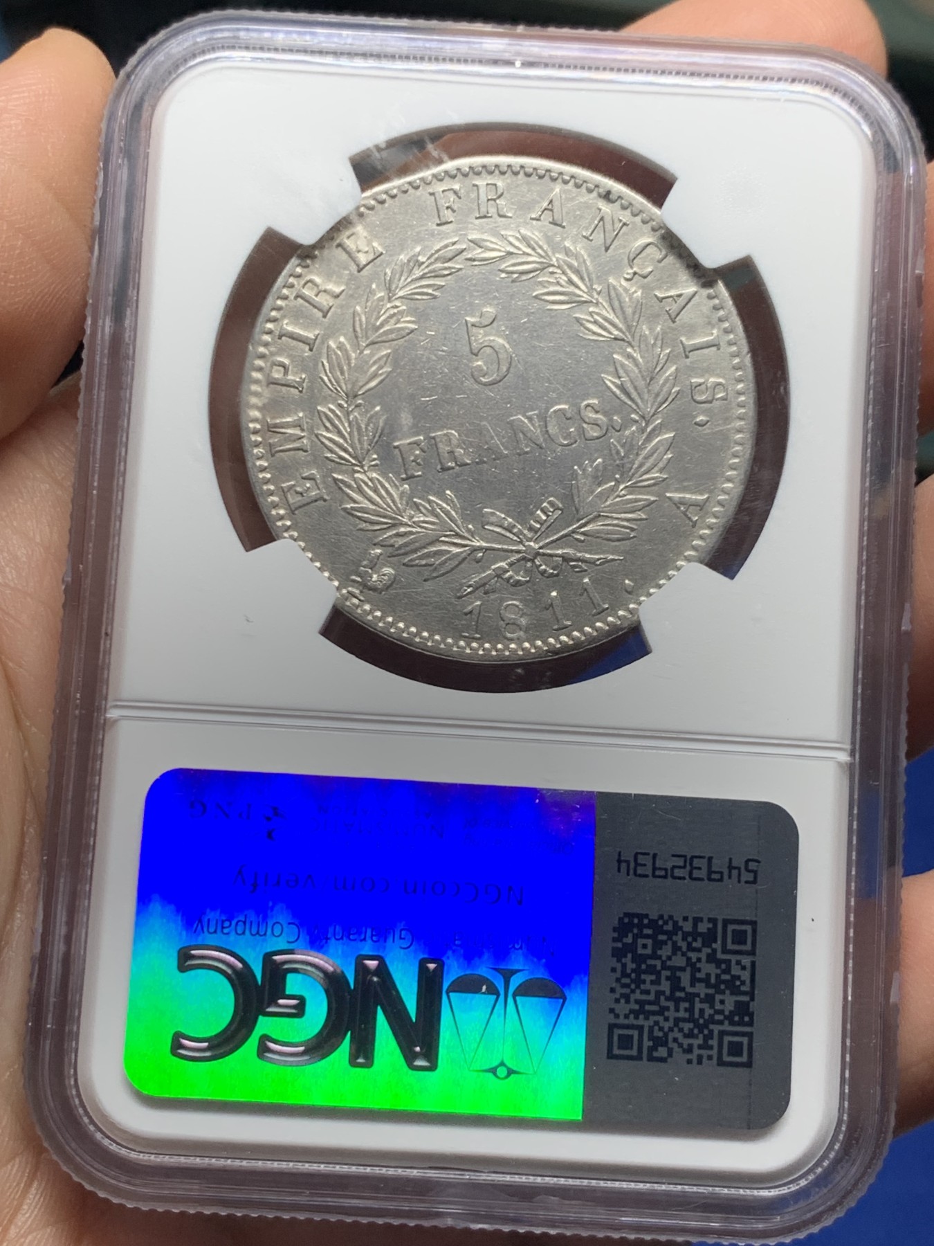 《竞宝斋》第257场-周日，周一 2场连拍 (全场包邮) NGC XFD 1811A法兰西第一帝国拿破仑5法郎大银币，拿破仑侵俄前夕铸造，精法必入品种，深打，状态不错