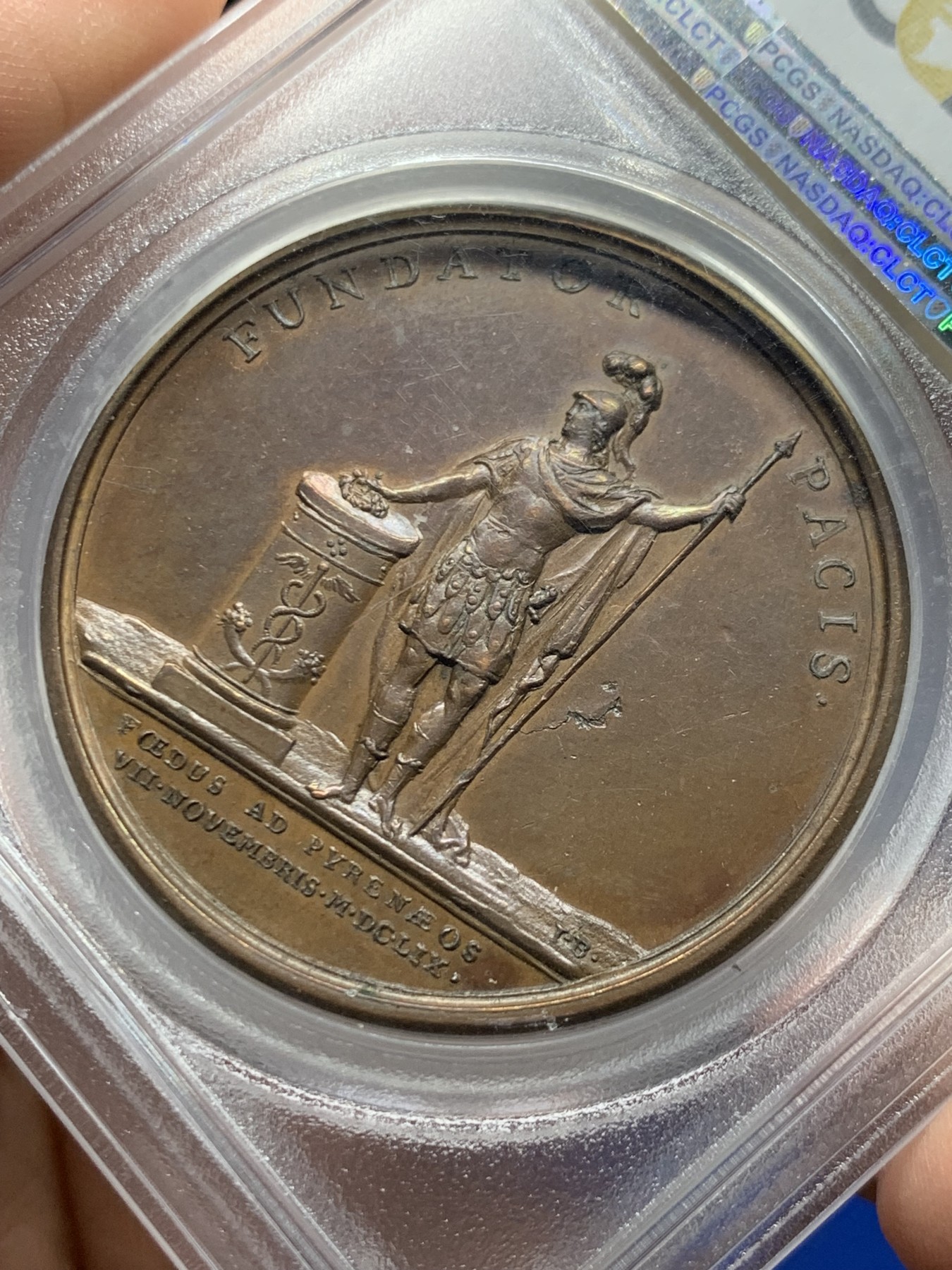 《竞宝斋》第257场-周日，周一 2场连拍 (全场包邮) PCGS MS62BN 法国路易十四铜章 青年版头像 状态不错 相当少见 pcgs唯一评级记录 加厚盒装