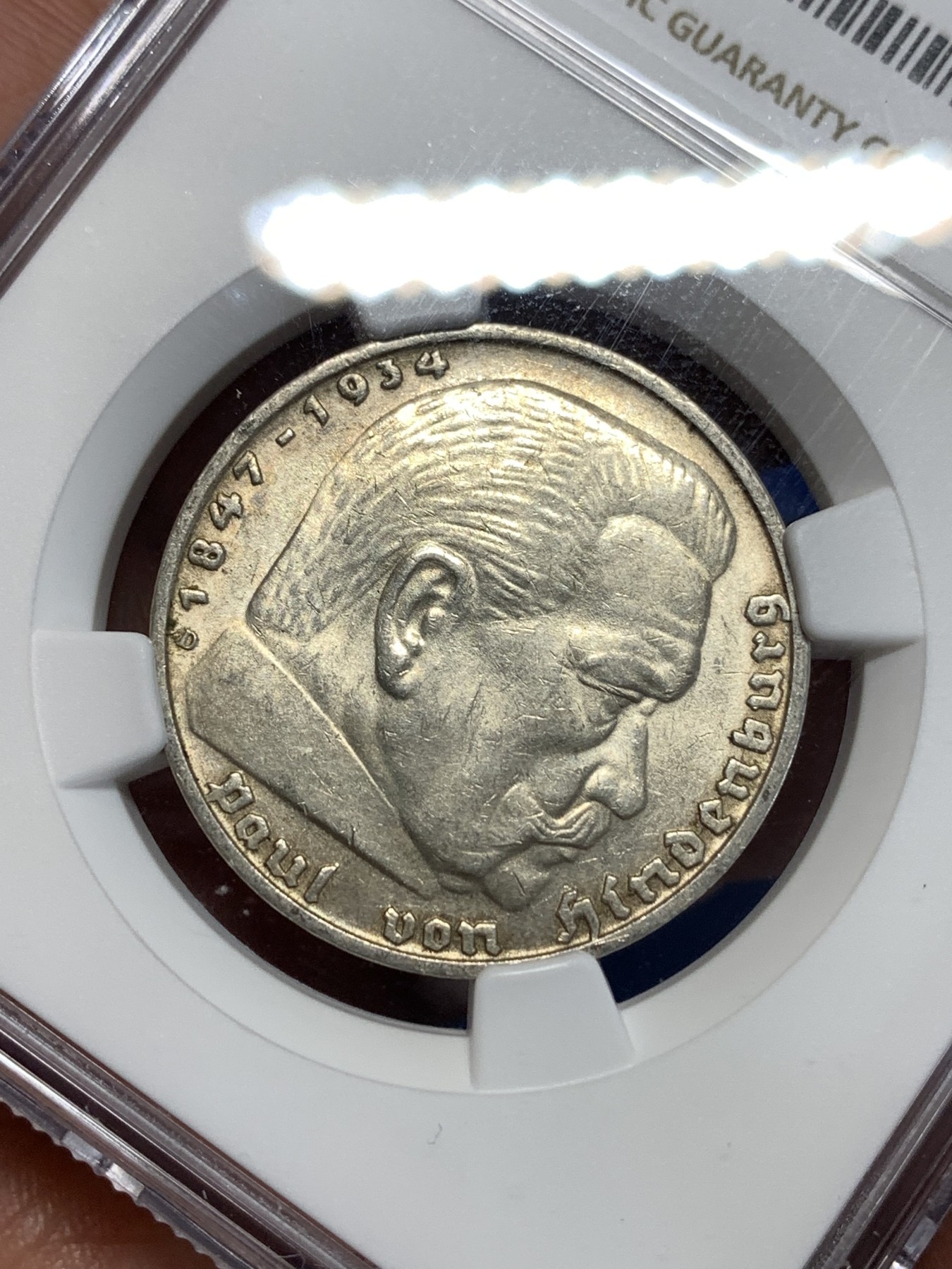 《竞宝斋》第257场-周日，周一 2场连拍 (全场包邮) NGC MS62 德国1936年D版兴登堡带字5马克银币 原光好品